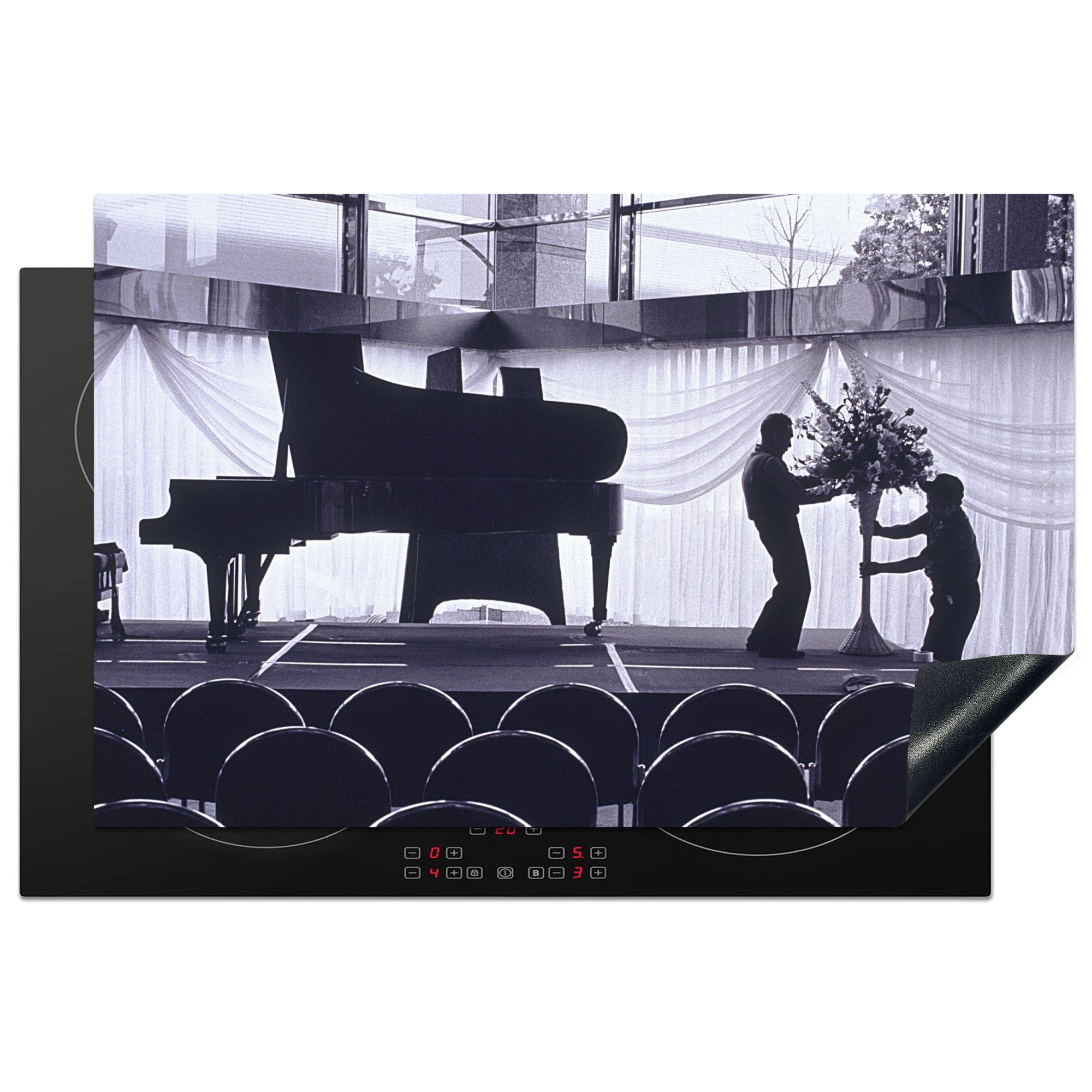 MuchoWow Herdblende-/Abdeckplatte Das Innere der Asahi Concert Hall in Japan in schwarz-weiß, Vinyl, (1 tlg), 81x52 cm, Induktionskochfeld Schutz für die küche, Ceranfeldabdeckung
