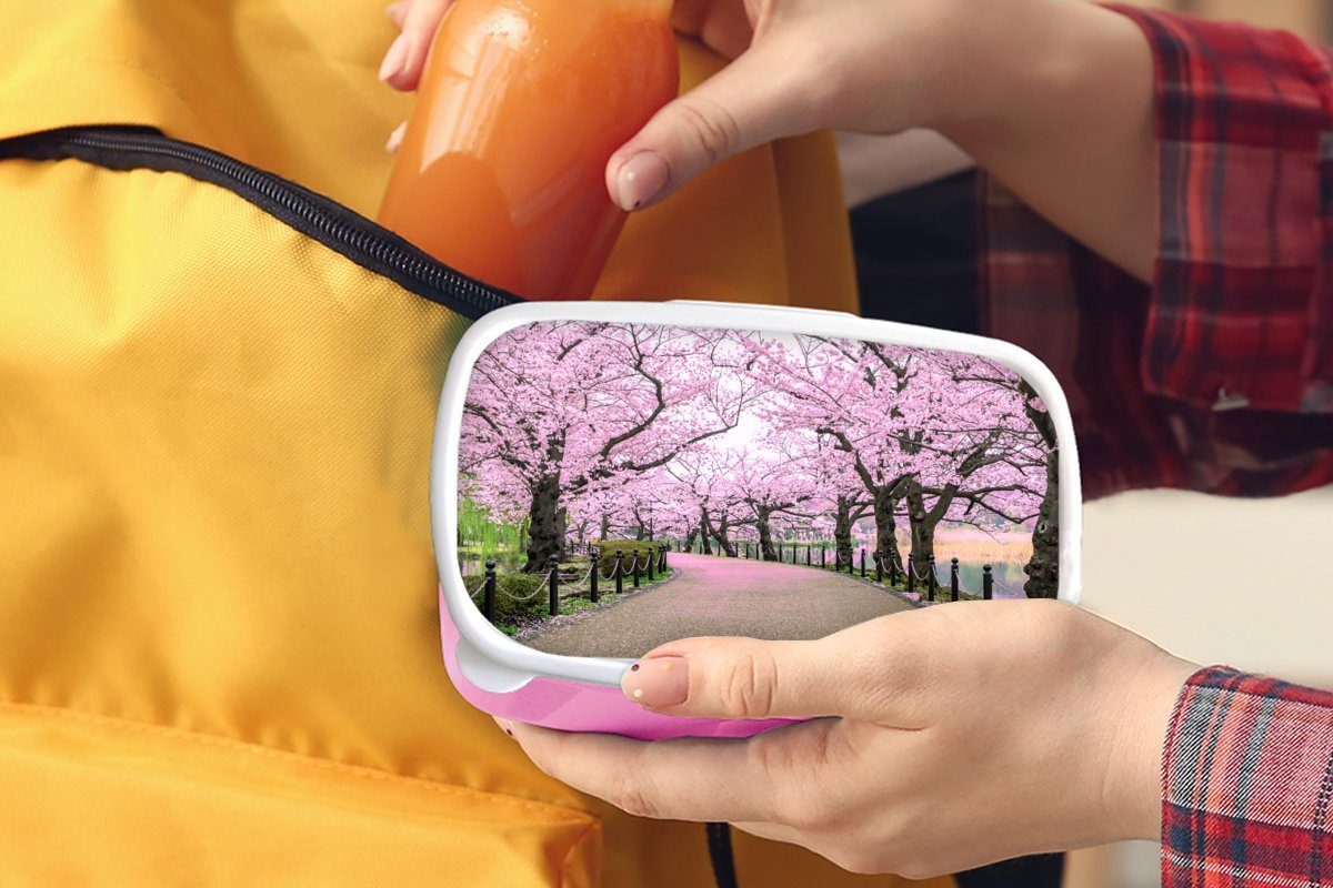 Kunststoff, Kunststoff MuchoWow (2-tlg), Japan, Lunchbox Brotbox Frühling Kinder, rosa - Mädchen, Brotdose Erwachsene, - Sakura für Snackbox,