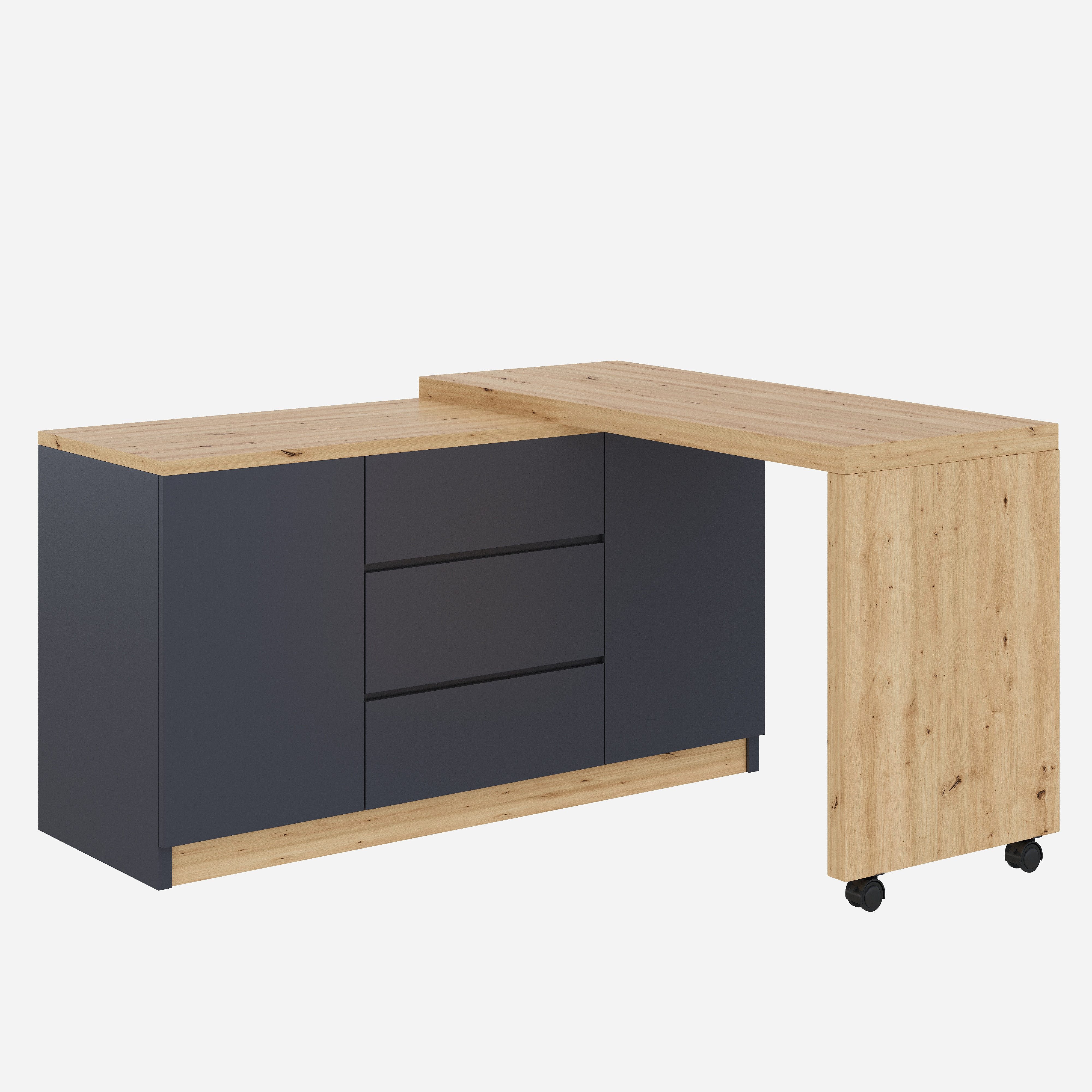 Flieks Kommode mit 360° drehbare Tisch, Rollen und Schubladen (2 St., mit verstellbaren Einlegeböden), Schreibtisch Sideboard Mehrzweckschrank Arbeitstisch grau&Eiche