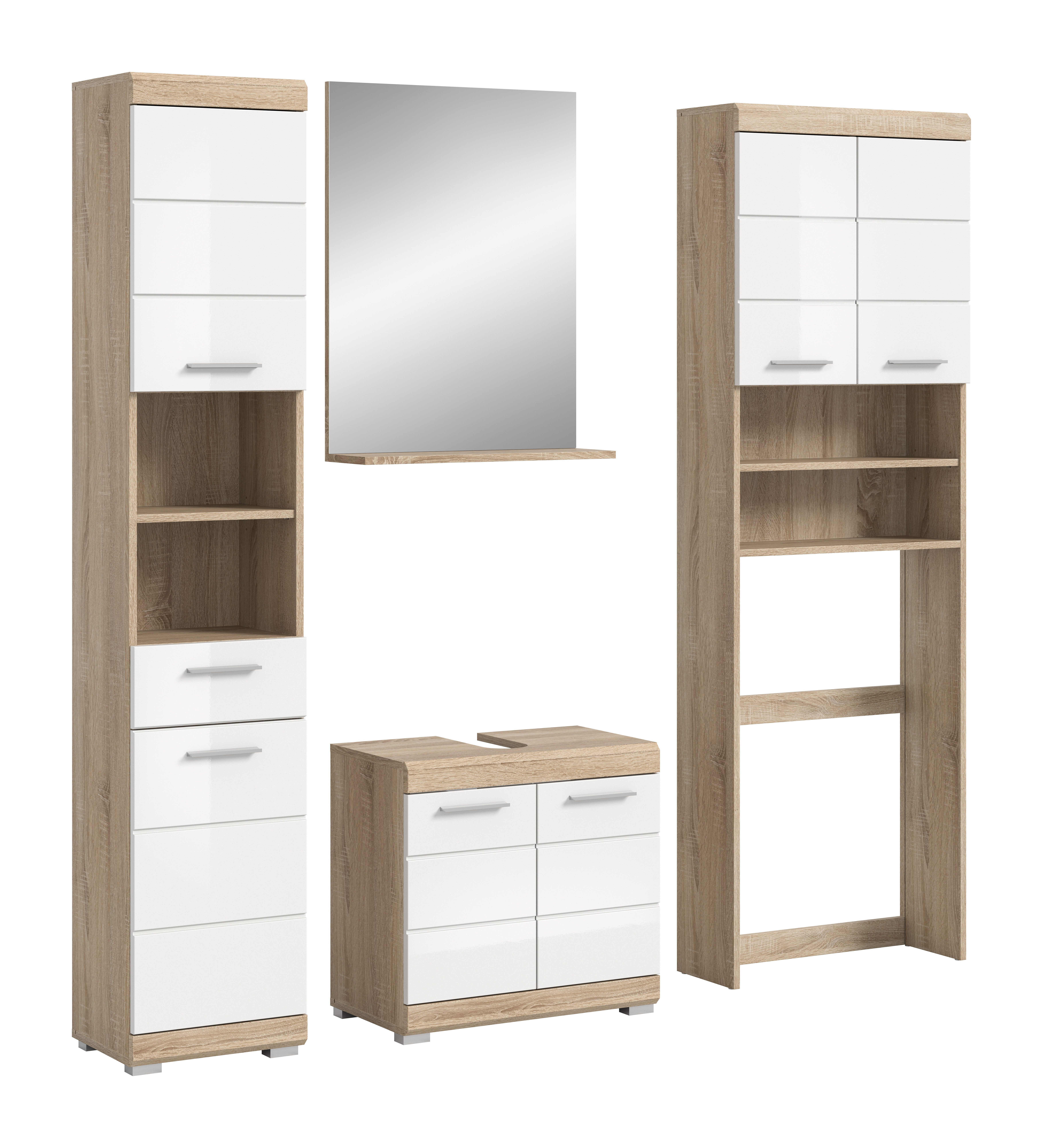 furnling Badmöbel-Set Scott, (4-St., bestehend aus Hochschrank, Spiegel, Waschmaschinenumbauschrank, WBU), Badmöbel, Badschränke, Komplett-Set, Breite 190 cm