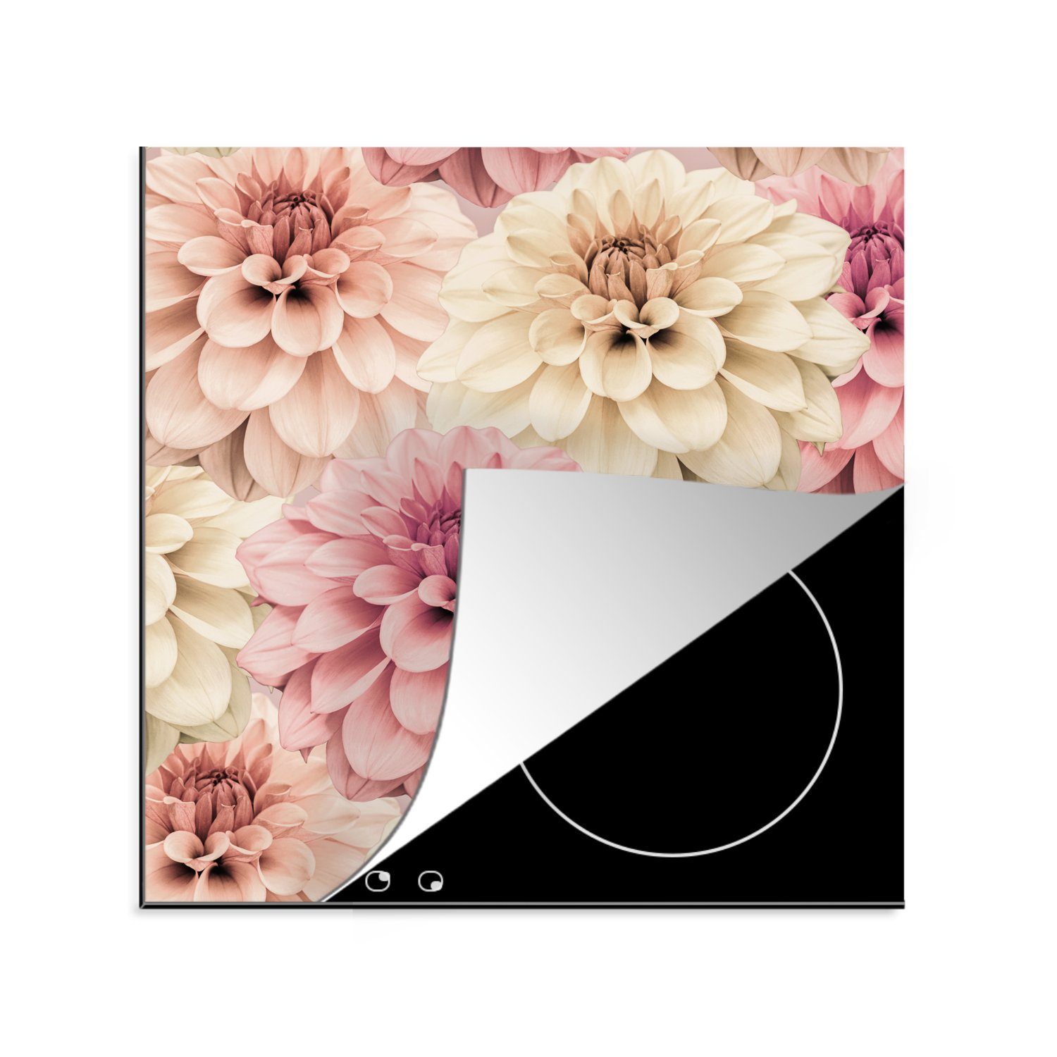 Rosa Herdblende-/Abdeckplatte Natur, - (1 - Blumen - küche Ceranfeldabdeckung, 78x78 Weiß tlg), MuchoWow cm, Arbeitsplatte für Vinyl,