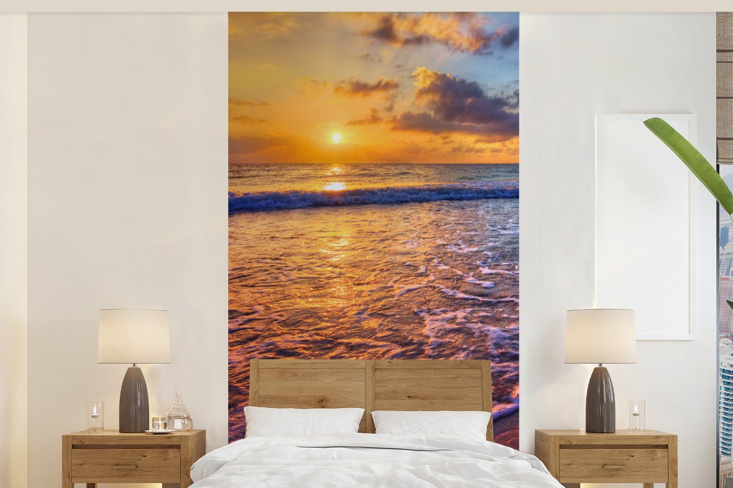 MuchoWow Fototapete Meer - Strand - Sonnenuntergang - Wolken - Horizont, Matt, bedruckt, (2 St), Vliestapete für Wohnzimmer Schlafzimmer Küche, Fototapete