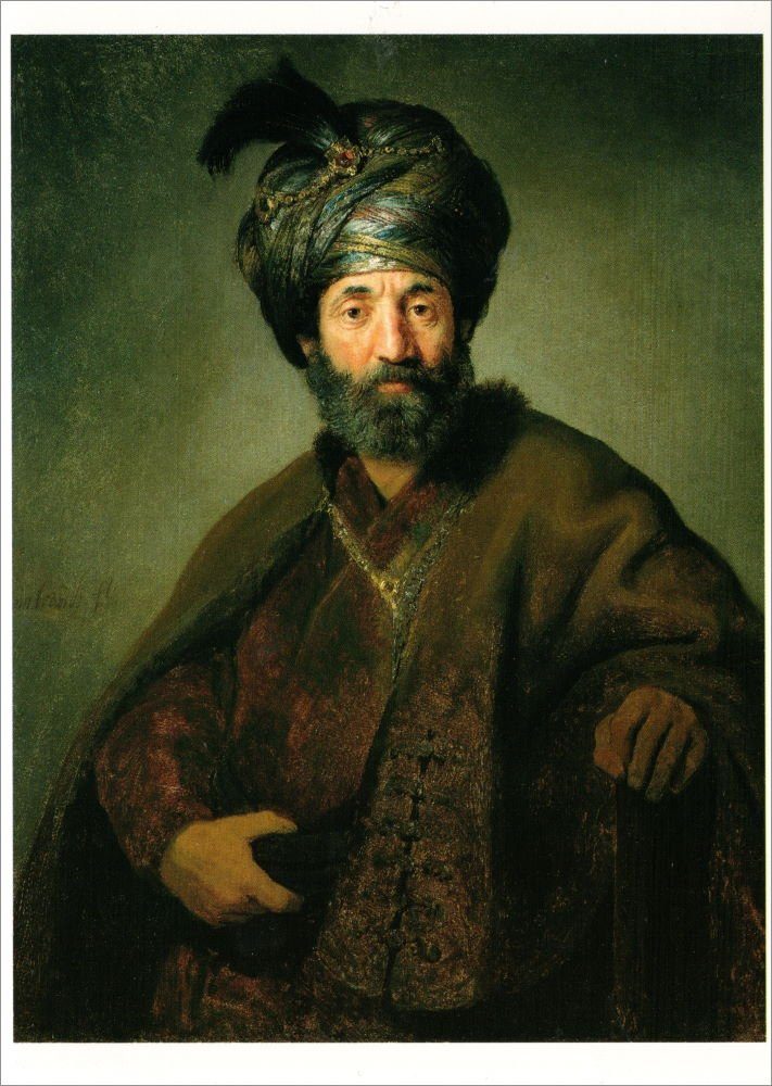 Von internationalen Prominenten bevorzugt Postkarte Kunstkarte Rembrandt "Mann in orientalischer Kleidung"