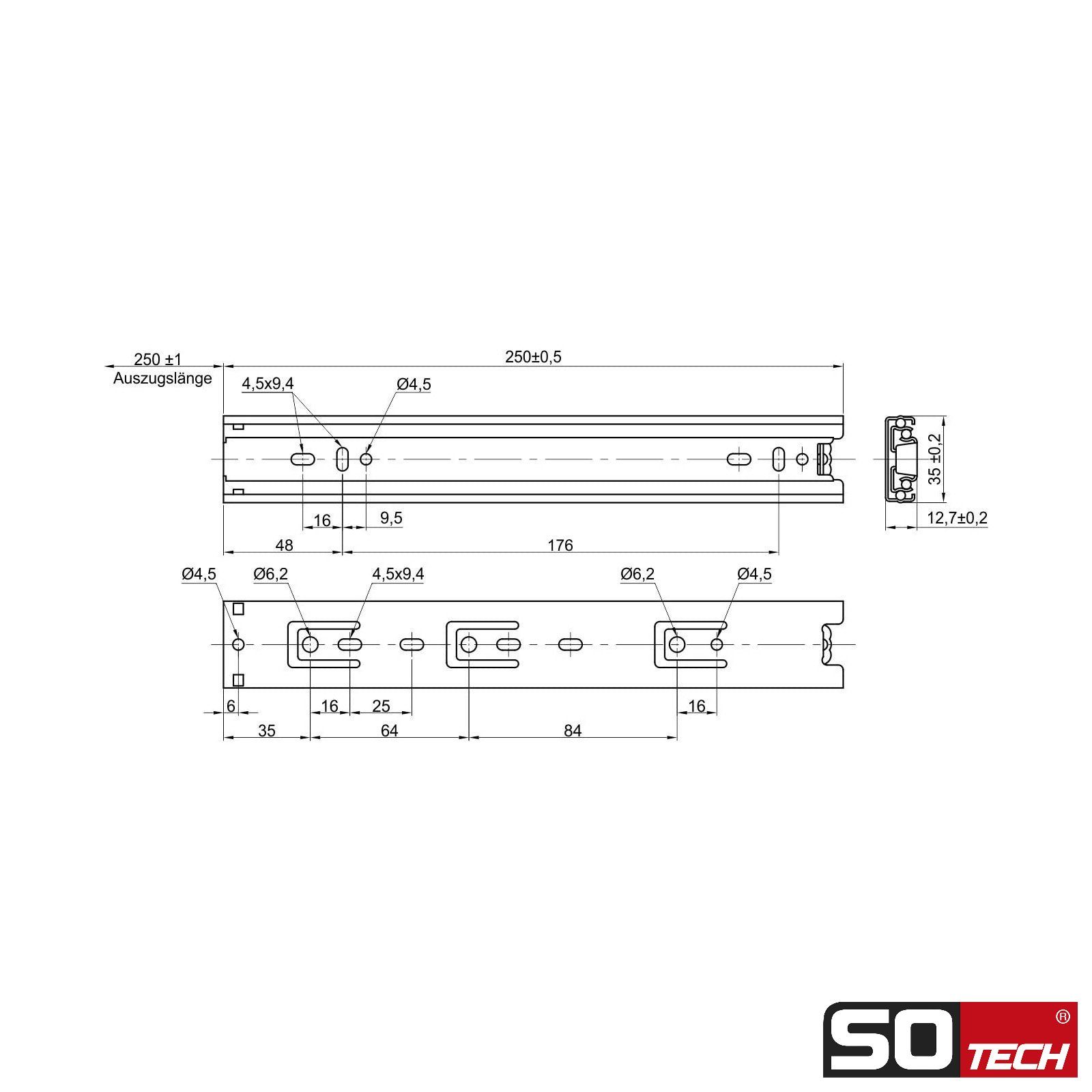 25 SO-TECH® Vollauszüge inkl. Paar Standardausführung, Traglast Schraubenset 250 Länge kg, 1 KV1-25-H35-NF-MS Auszug mm