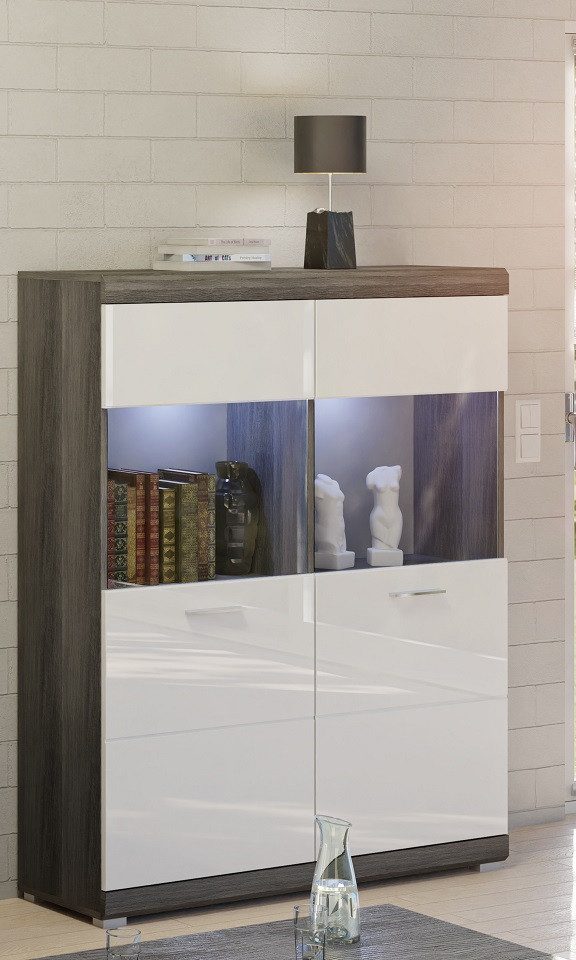 xonox.home Vitrine Highboard Scout, weiß Hochglanz / rauchsilber ohne Beleuchtung