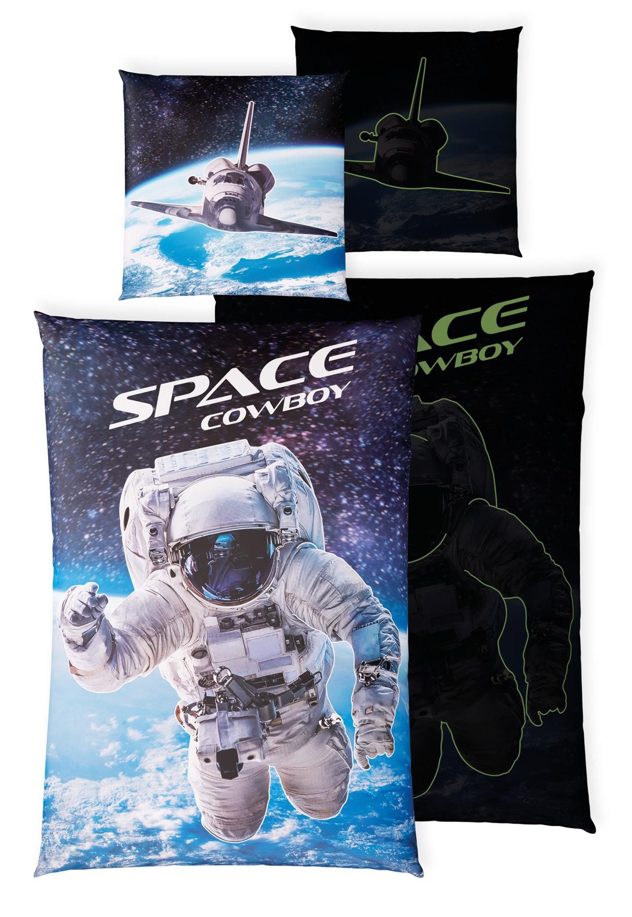Carpe Sonno Kinderbettwäsche 135x200 Leuchtende Bettwäsche für Kinder, Jungen – Astronaut - Space, Renforcé, 2 teilig, Bettbezug für Kinder 100% Baumwolle, Bettzeug GLOW IN THE DARK