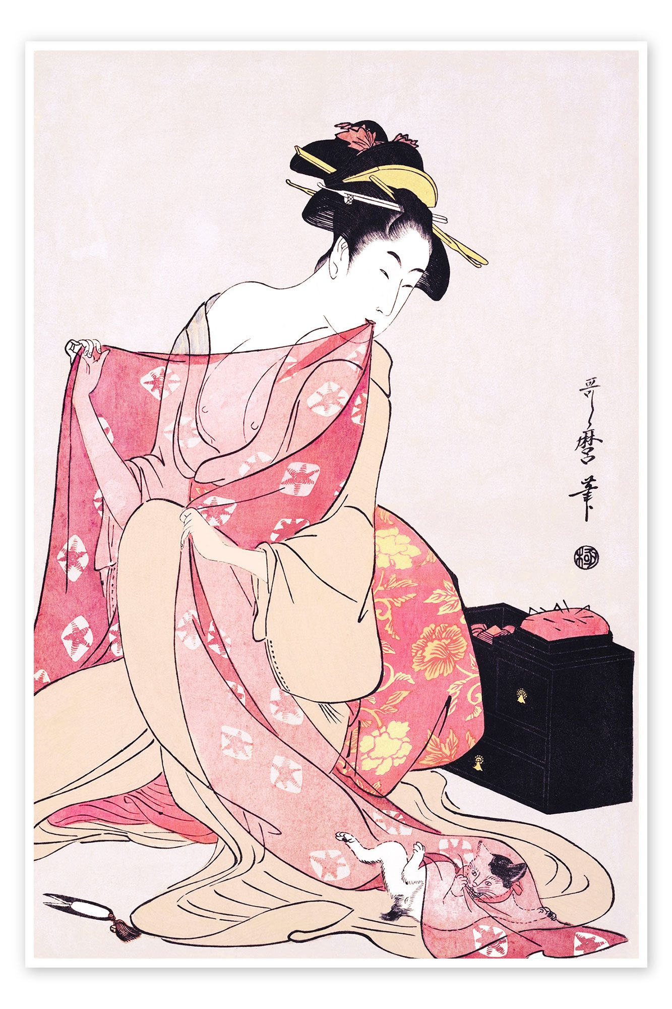Posterlounge Poster Kitagawa Utamaro, Frau und eine Katze, Malerei