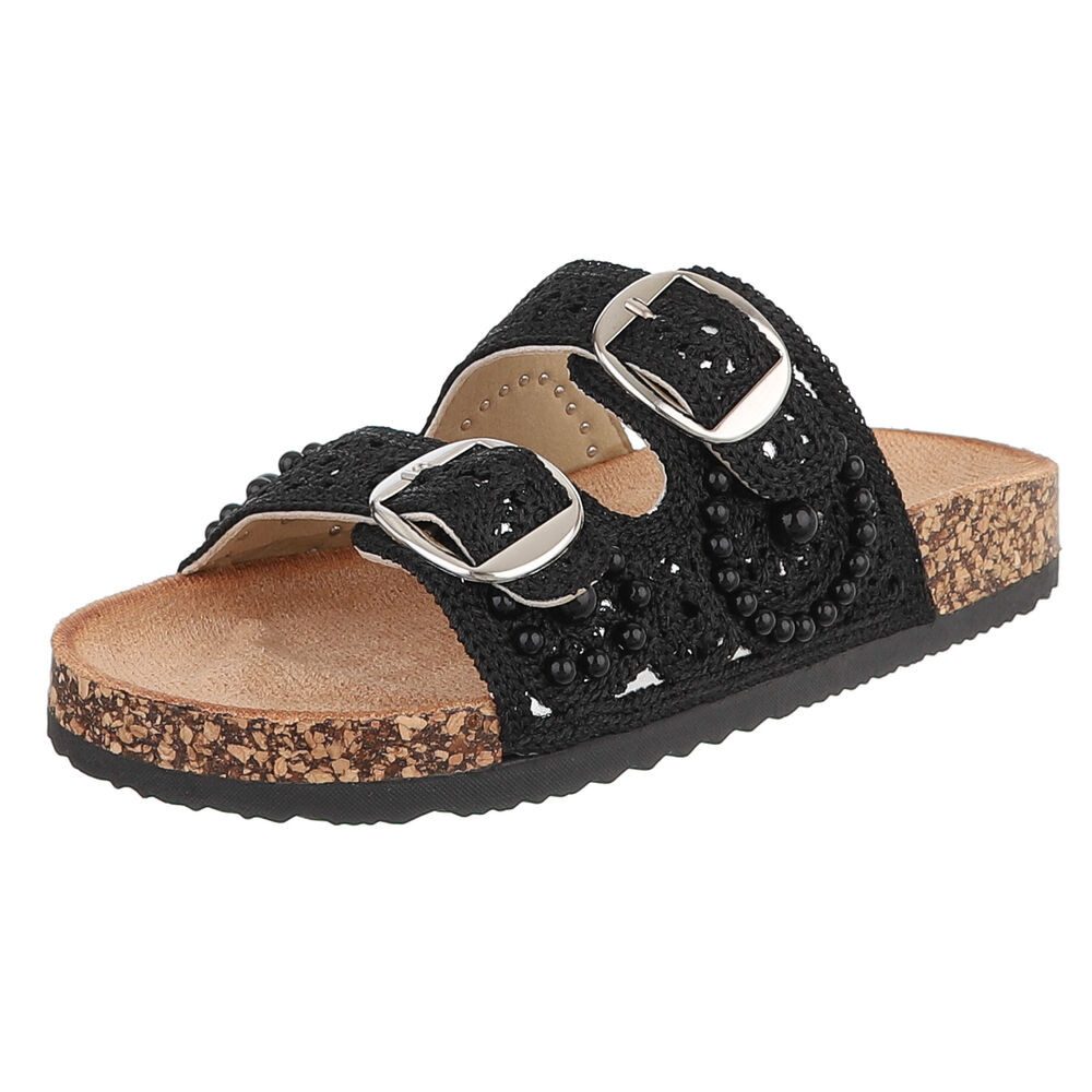 Ital-Design Damen Slides mit Schnallen und Perlenapplikation Pantolette (91971173) Flach Pantoletten in Schwarz