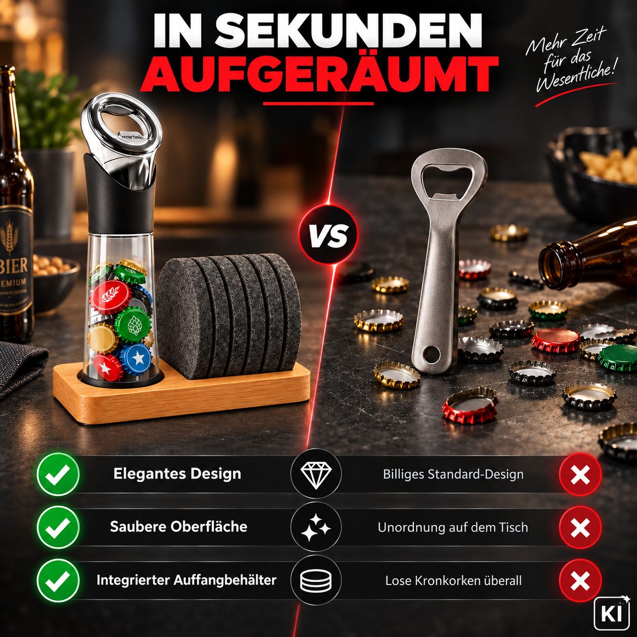 wortek Flaschenöffner Getränkeöffner mit Auffangbehälter Bieröffner (Set, 2-tlg., Flaschenöffner mit Kronkorken Sammler), Geschenk für Männer und Bierliebhaber  – Bild 4 von 5