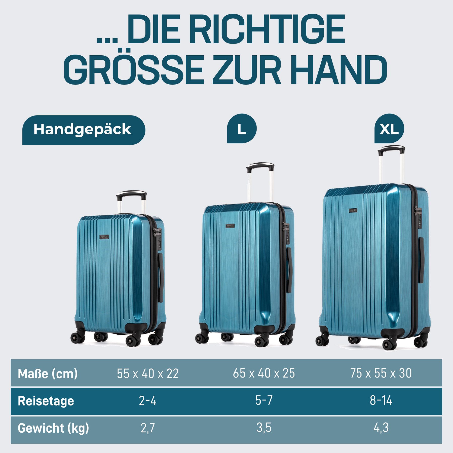 FERGÉ Kofferset Hartschale 3 teilig Koffer Set CANNES TSA-Schoß, 4 Rollen, (3er Kofferset stabil und leicht mit Zahlenschloß, 3 tlg., Hartschalen-Trolley Set 3 Größen Handgepäck Koffer M XL), Trolley 3er Koffer Set, Premium Reisekoffer 4 Doppelrollen TSA-Schloss