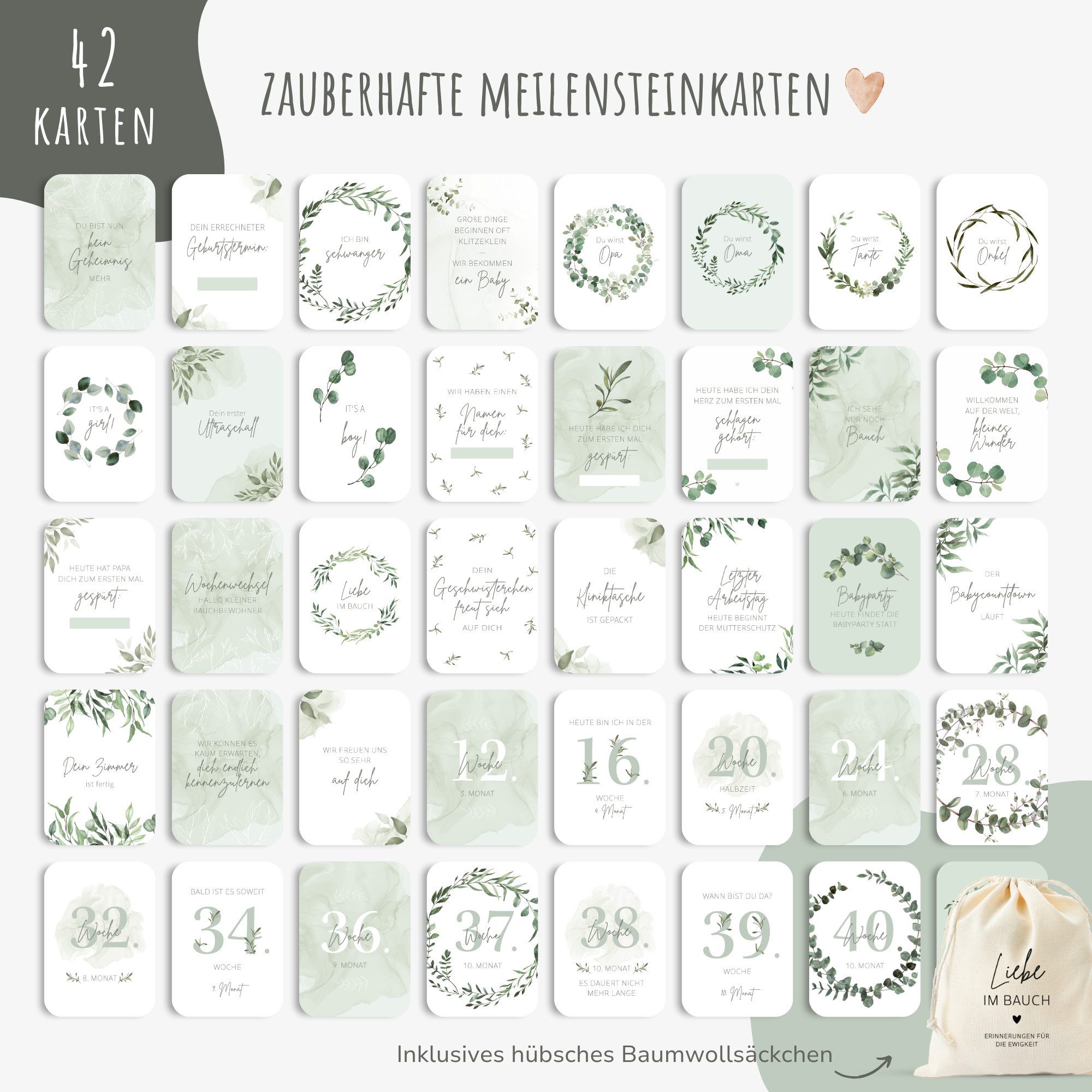 MeinBaby123® Geburtskarte 42 Meilensteinkarten Schwangerschaft zum Ausfüllen, inkl. Baumwollsäckchen, Geschenk zur Schwangerschaft