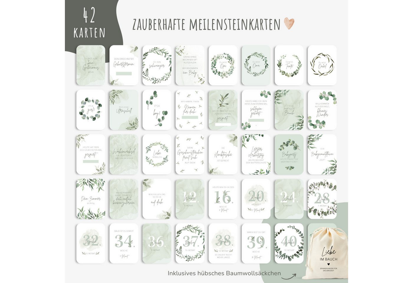 Thumbnail - MeinBaby123® Geburtskarte 42 Meilensteinkarten Schwangerschaft zum Ausfüllen, inkl. Baumwollsäckchen, Geschenk zur Schwa...