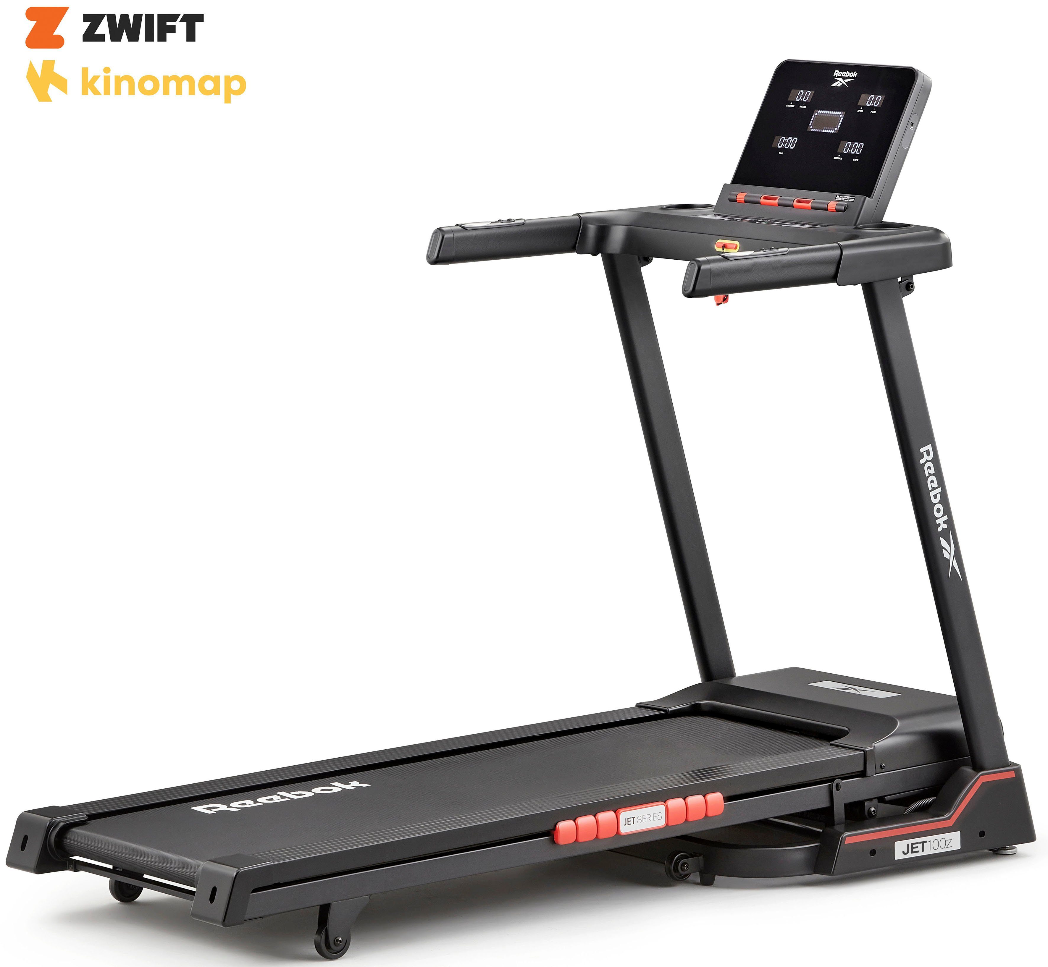 Reebok Laufband Jet 100z (mit LED-Display und eingebauten Handpulssensoren), bis max. 18 km/h, klappbar, mit Steigung, 110 kg max. Benutzergewicht