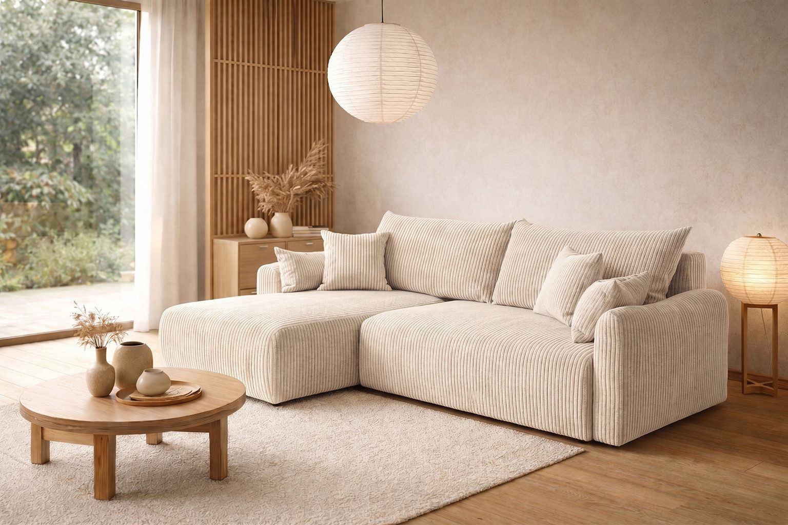 Kaiser Möbel Ecksofa mit Schlaffunktion für Wohnzimmer, Cordstoff Poso, JAPANDI, Japandi-Stil, Abgerundete Form, Große Liegefläche