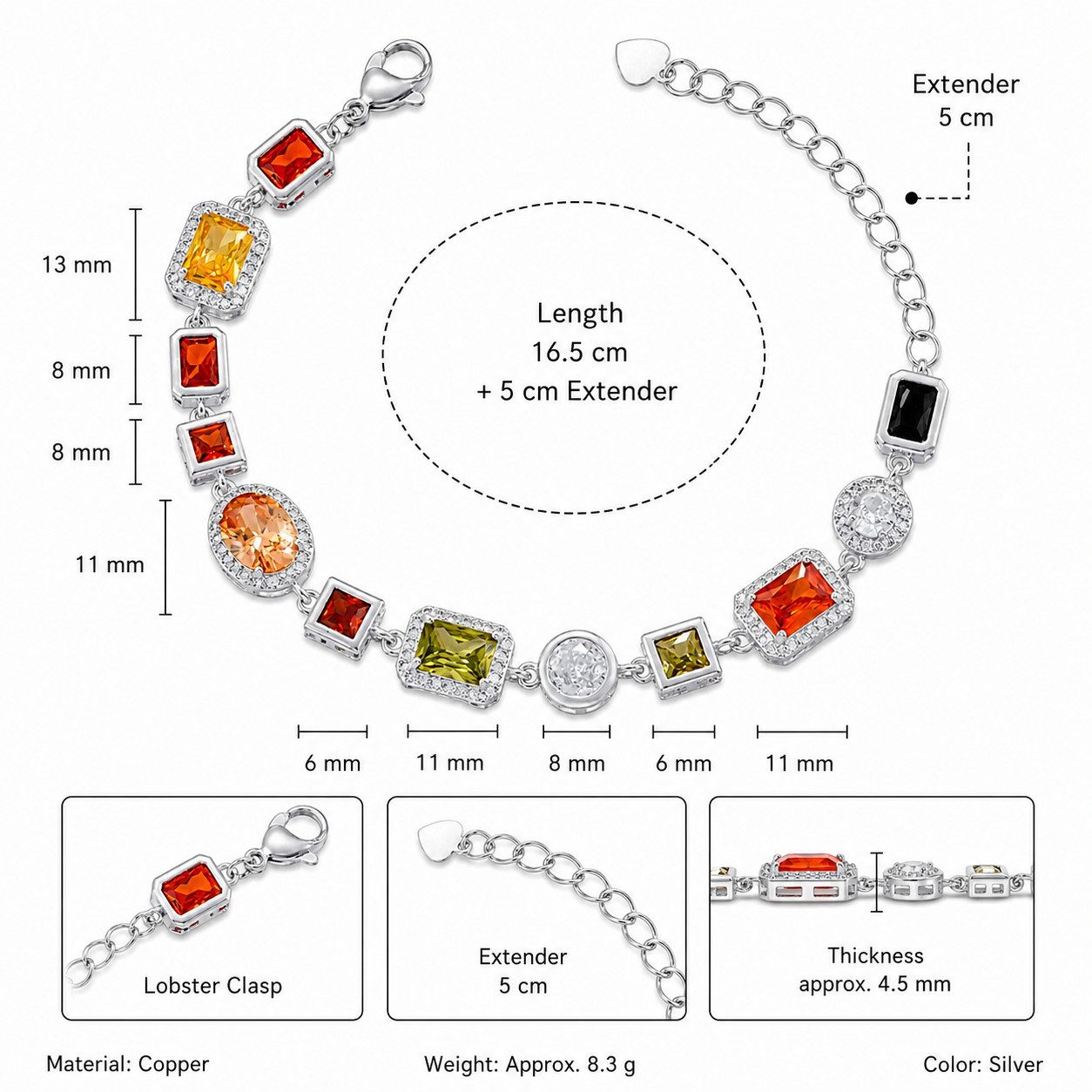 RAIKOU Collier Damen Zirkonia Schmuckset, Halskette /Armband, gold/silberfarben, Farbige Zirkonia-Steine – Bild 2 von 3