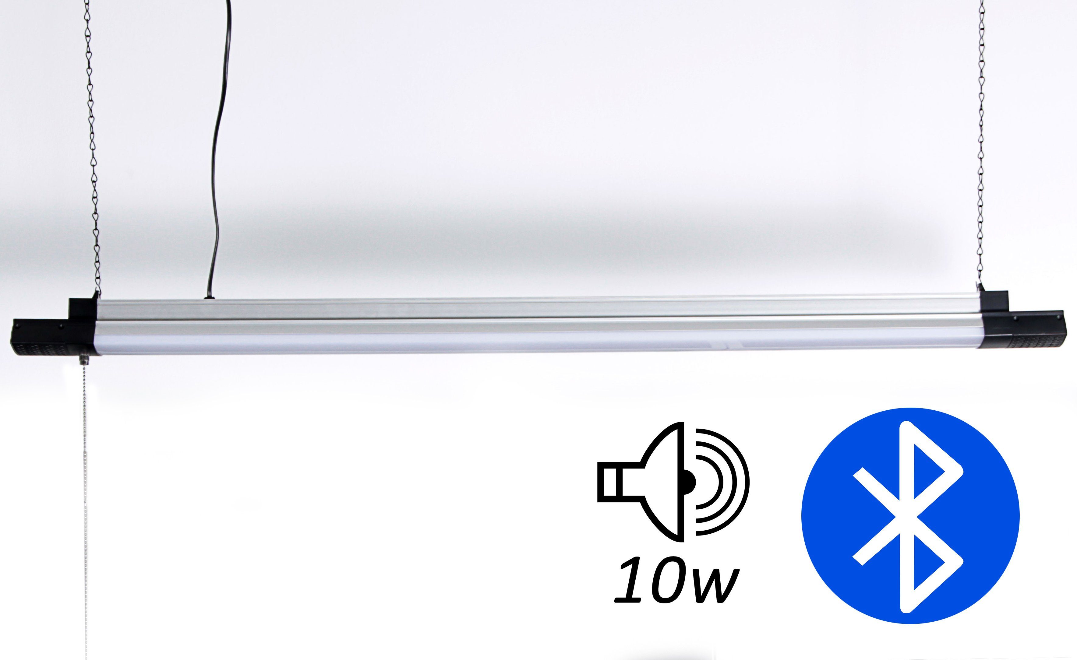 ONDIS24 LED Arbeitsleuchte Aluminiumrahmen und Hängelampe Lumen, Lautsprecher und mit Watt Werkstattlampe 10 Bluetooth mit 5000 breit Kette inkl. 118cm Stecker