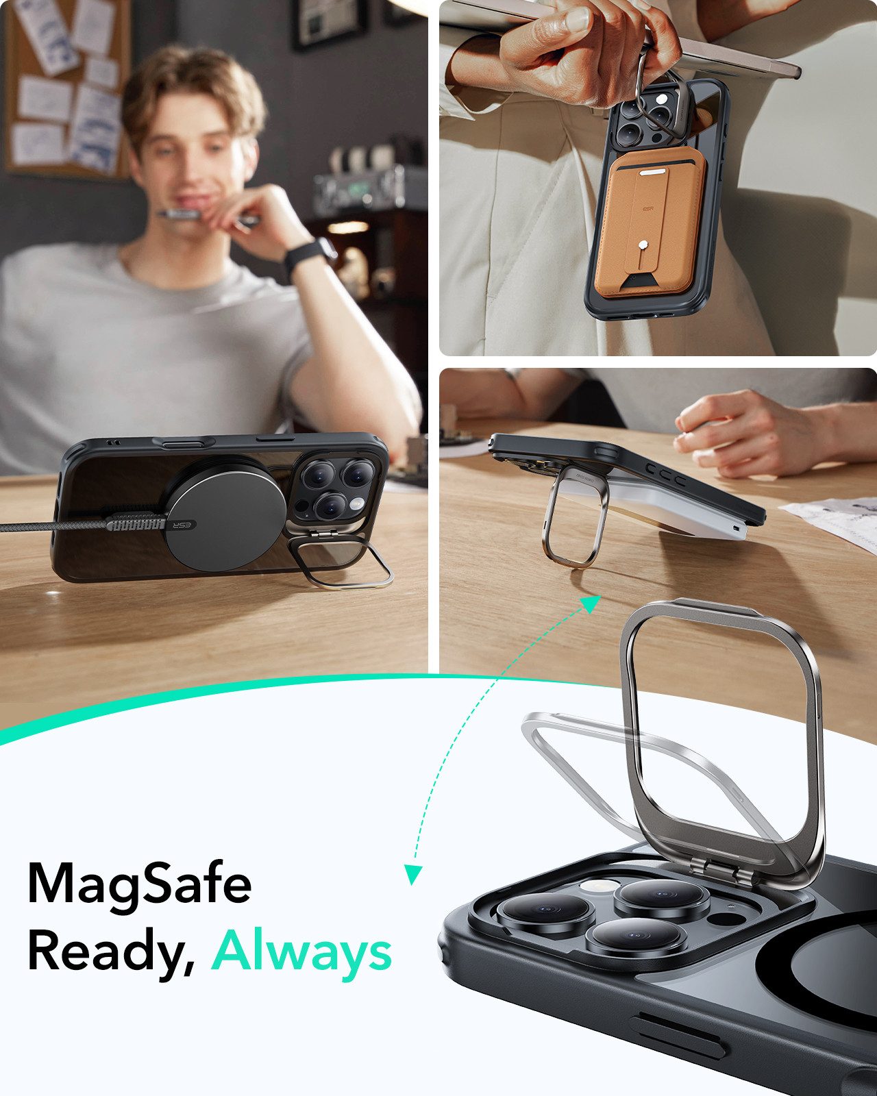 ESR Handyhülle Classic Hybrid HaloLock Case mit Stash Stand iPhone 16 Pro 6,3", Vielseitiger 3-Modi-Ständer, Kratzfeste Rückseite