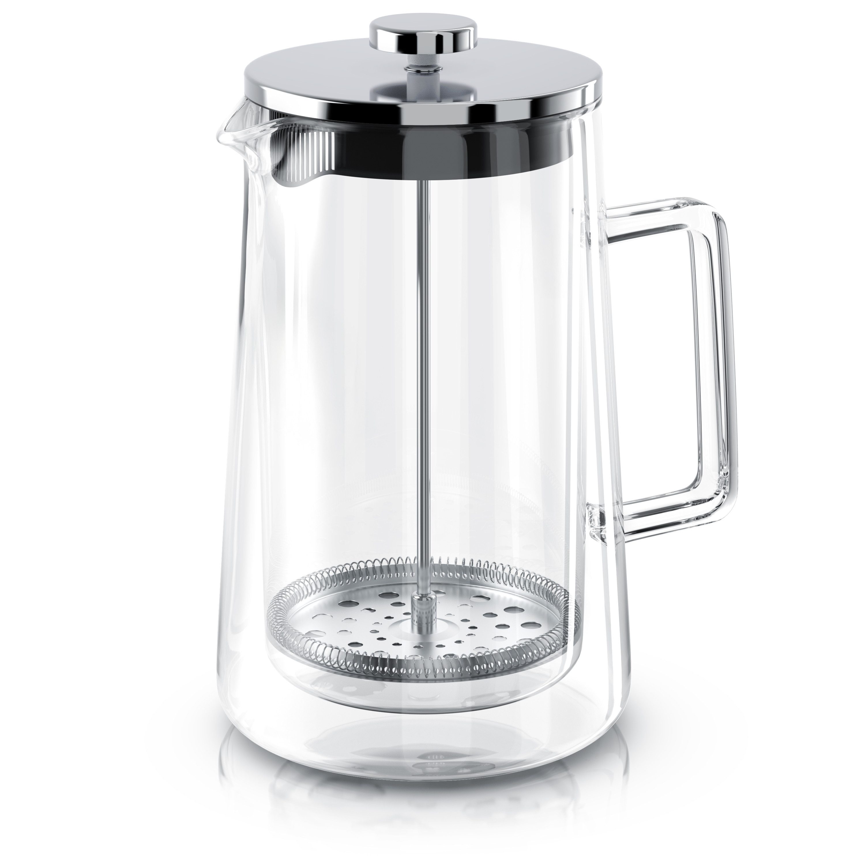 Arendo French Press Kanne 307877 Kaffeebereiter für Tee & Cold Brew, 1l Kaffeekanne, Edelstahlfilter, Doppelwand-Glas, hitzebeständig, spülmaschinenfest, BPA-frei