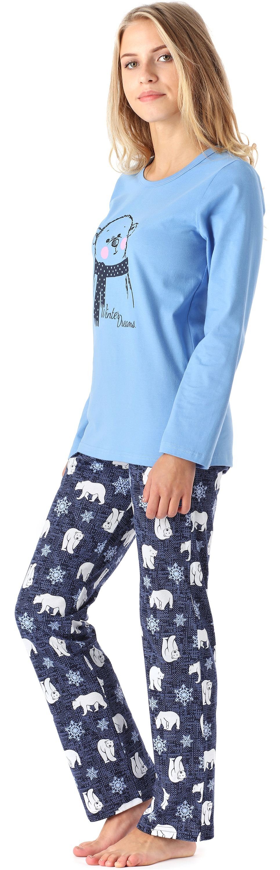 Merry Style Schlafanzug Bär Pyjama Damen MS10-192 Winter Blau Lang Zweiteilieger Schlafanzug