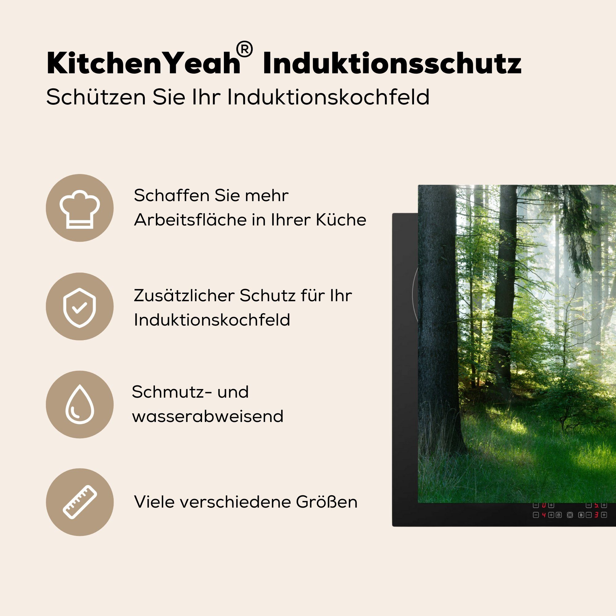 MuchoWow Arbeitsplatte Herdblende-/Abdeckplatte - - Gras (1 Ceranfeldabdeckung, Pflanzen, Vinyl, küche Natur 81x52 - cm, für - Sonne tlg), - Grün - Wald Bäume