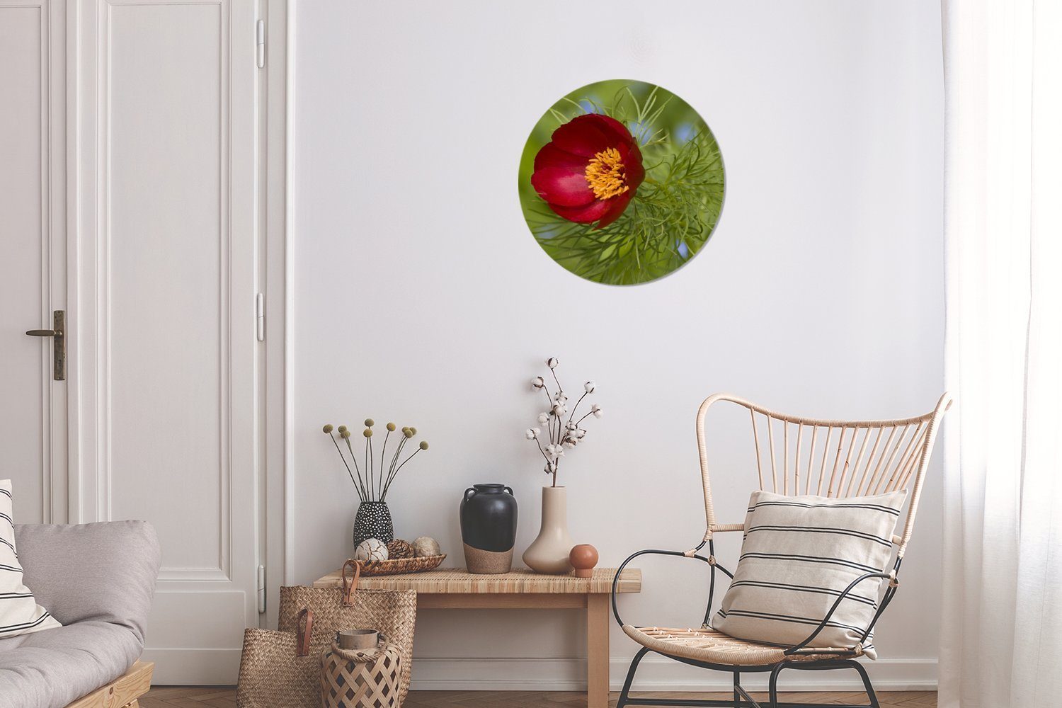 MuchoWow Gemälde Die rote St), Hintergrund, 30x30 (1 Forex, Wanddekoration Wohnzimmer, Pfingstrose Rundes cm Kreis grünem mit Wandbild