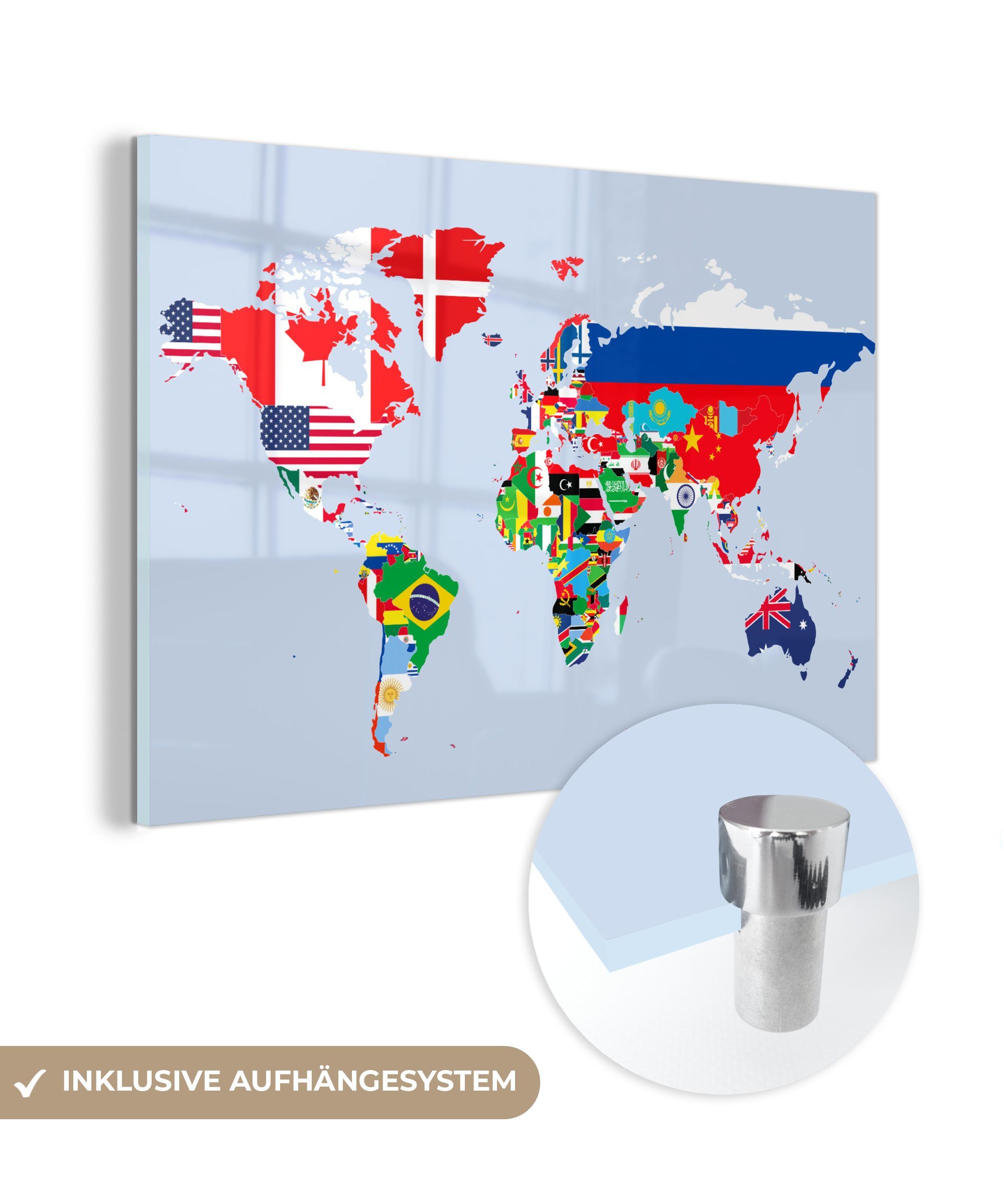 MuchoWow Acrylglasbild Welt - Karte - Flagge - Länder, (1 St), Glasbilder - Bilder auf Glas Wandbild - Foto auf Glas - Wanddekoration bunt