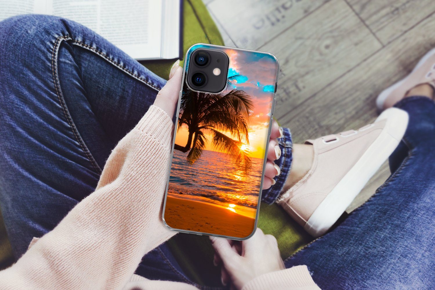 MuchoWow Handyhülle für Apple iPhone 12 Mini Palme - Sonnenuntergang - Horizont - Strand -, Smartphone-Bumper, Print, Handy Schutzhülle Dünn