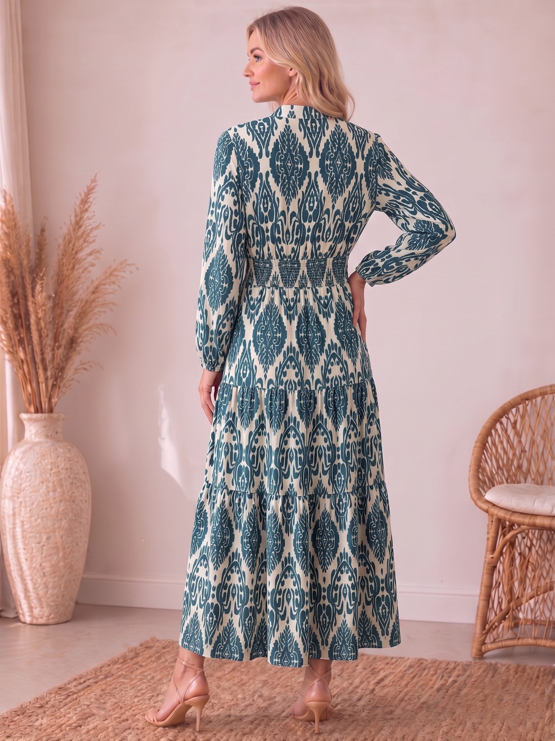 Kendindza Collection Maxikleid Sommerkleid Damen Lang Viskose Elegantes Sommer Kleid lang Maxi Kleid Ikat-Print Knopfleiste & Schnurbund, Luftig Leicht – Bild 4 von 4