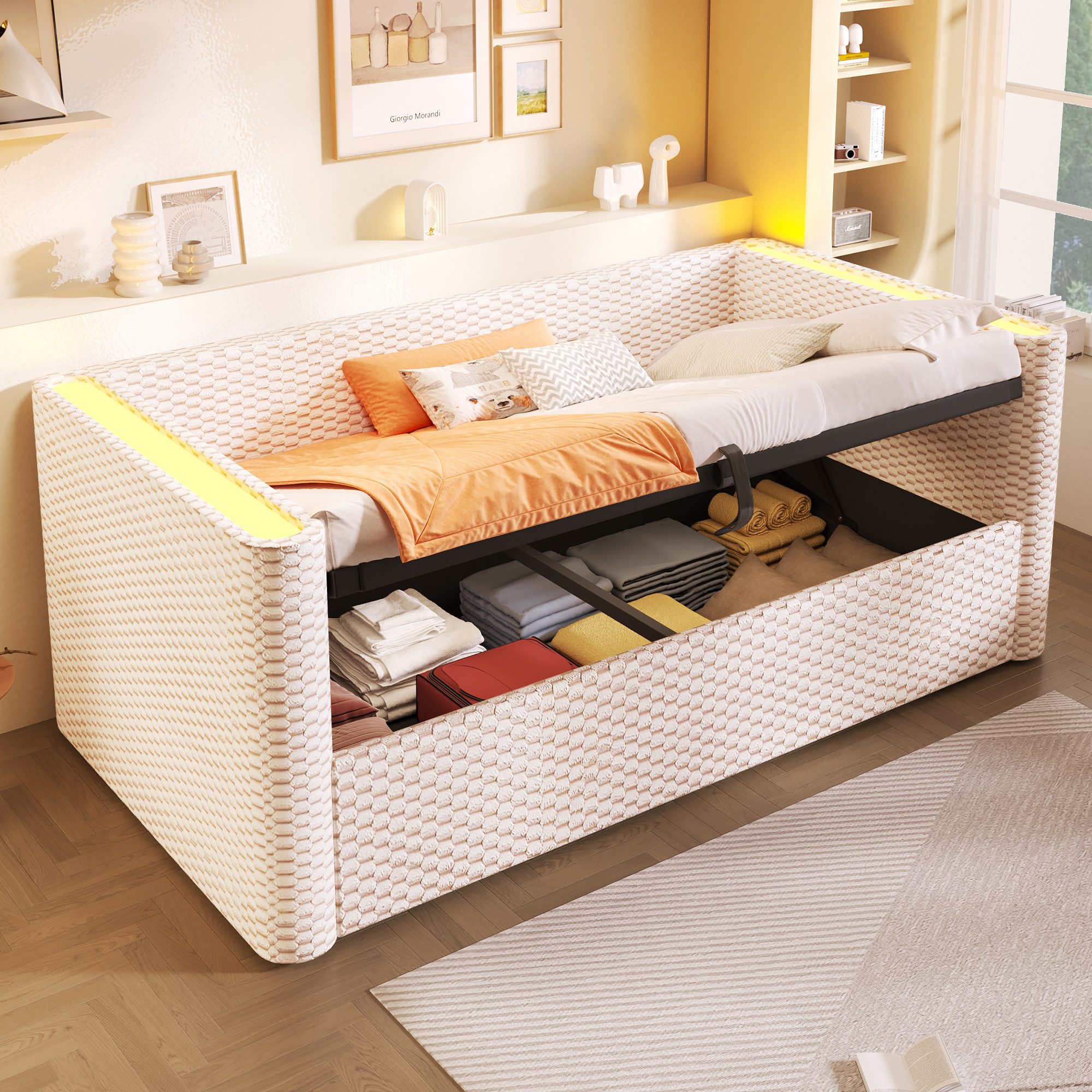STILVORA Schlafsofa mit bettfunktion&bettkasten Polsterbett 90×200 Tagesbett ausziehbar, mit LED-Beleuchtung, hydraulischem Stauraum und Lattenrost, ohne Matratze