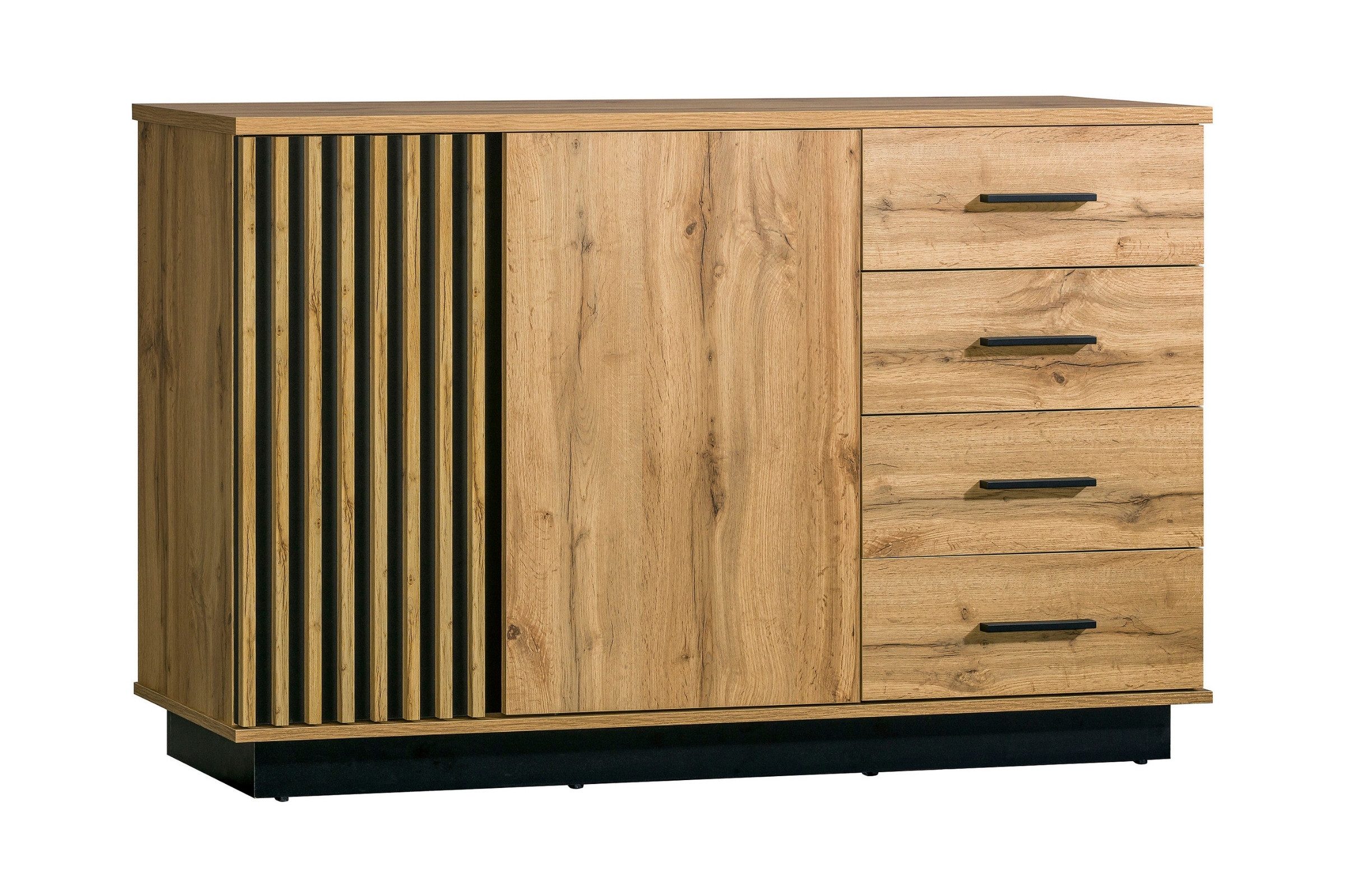 Deine Möbel 24 Kommode LAMI 6 Sideboard in Wotan Eiche / Schwarz Matt mit Lamellen (LAMI - Kollektion, 1 St., ideal für Schlafzimmer Wohnzimmer Flur Jugendzimmer), Sideboard mit 2 Türen & 4 Schubladen