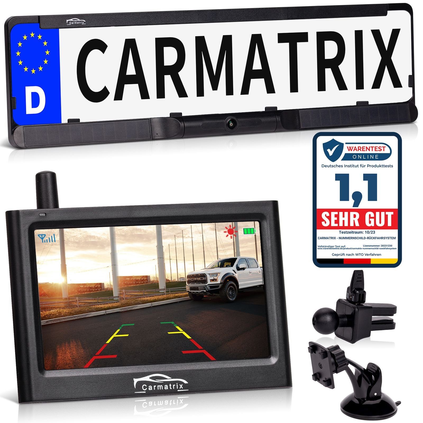 CARMATRIX Solar 1 Rückfahrkamera im Nummernschild ohne Rückfahrkamera Funk Solarpanel Video Digital kabellos (Solar Kennzeichenhalter, Akku Rückfahrsystem Bohren)