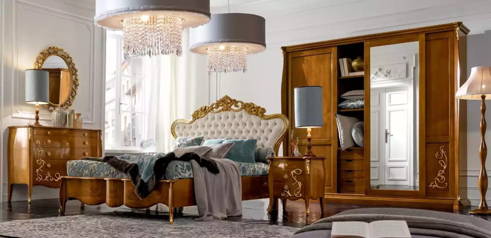 JVmoebel Schlafzimmer-Set Designer Schlafzimmermöbel in Holzoptik mit Nachttischen, (6-tlg., Bett + 2x Nachttische + Kommode + Spiegel + Kleiderschrank), Made in Europa