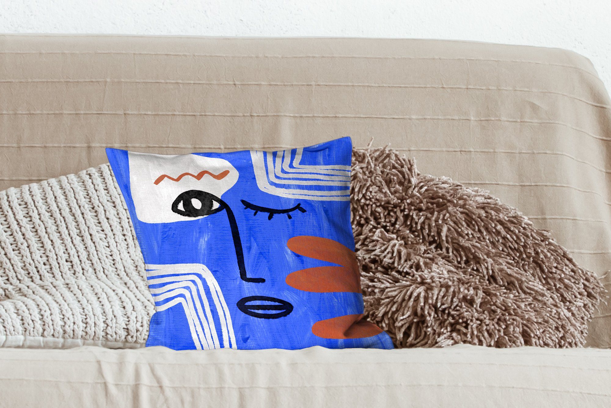 MuchoWow Porträt Deko, für Sofakissen Dekokissen Füllung Zierkissen mit Blau Schlafzimmer, Wohzimmer, - - Abstrakt,