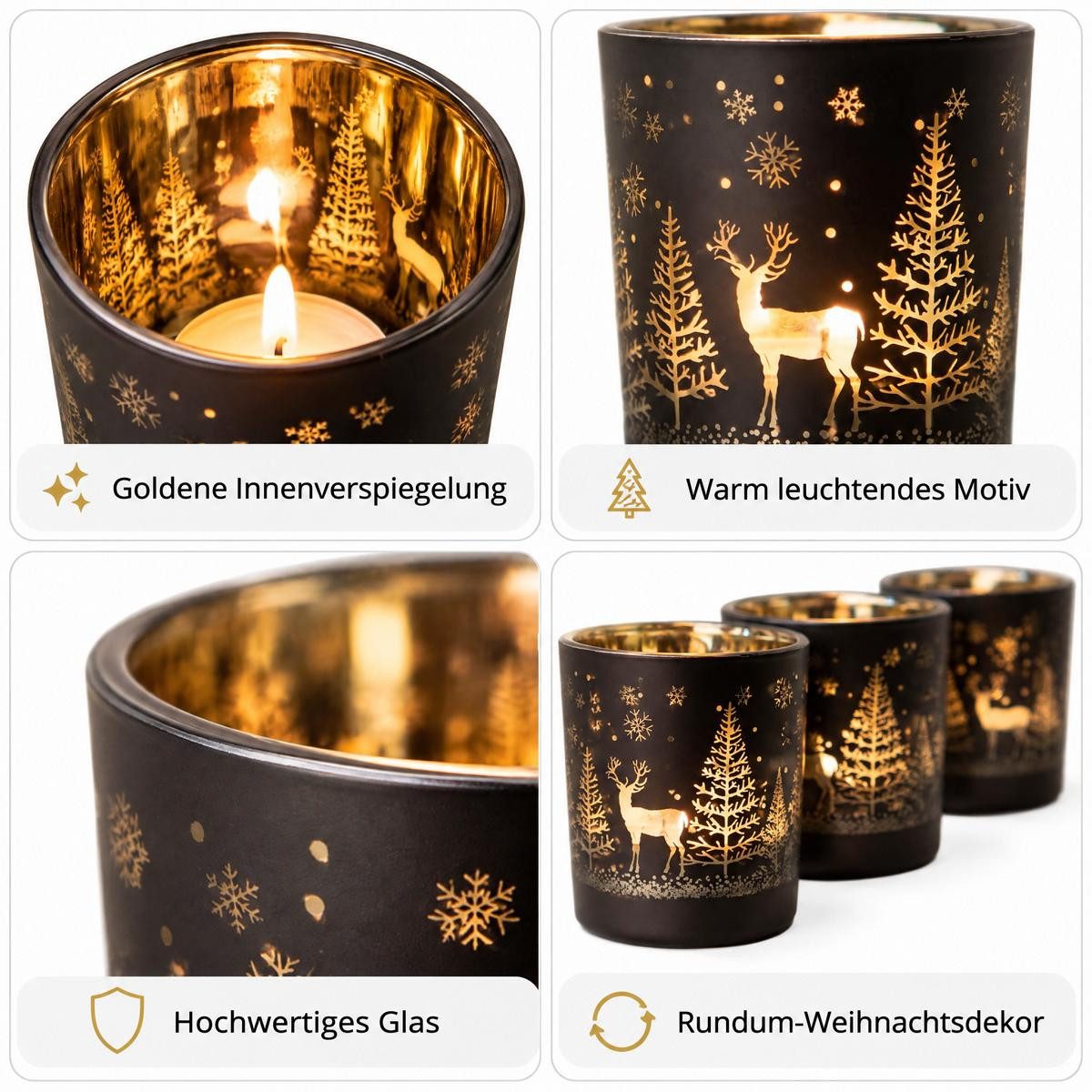 Kamelio Teelichthalter 12er Set Teelichtgläser schwarz gold Windlicht Tischdeko (12 St., 12) – Bild 3 von 5