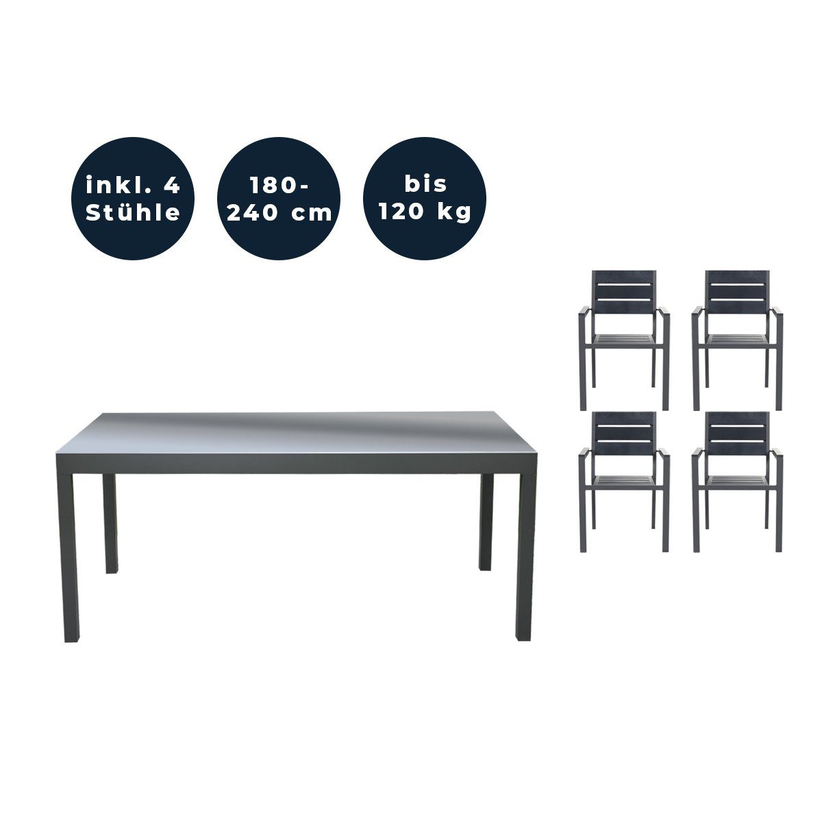 HOME DELUXE Sitzgruppe SOL MADERA, (inkl. 1 x Gartentisch & 4 x stapelbare Gartenstühle, schnell ausziehbar 180 - 240 cm, aus robustem Aluminium, Gartenmöbel), schnell ausziehbar 180 - 240 cm, aus robustem Aluminium, Gartenmöbel