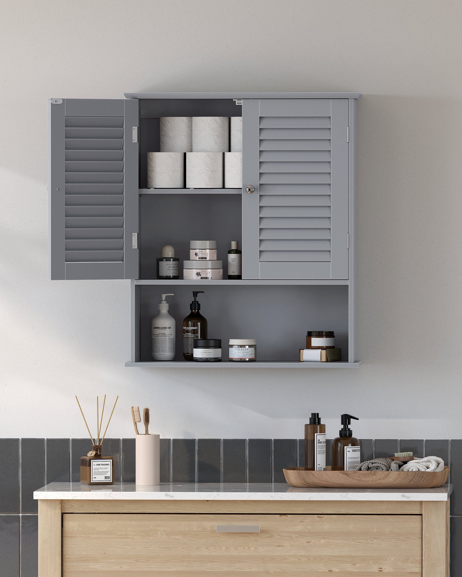 VASAGLE Hängeschrank Badezimmerschrank Wandschrank Lamellentüren und offene günstig online kaufen