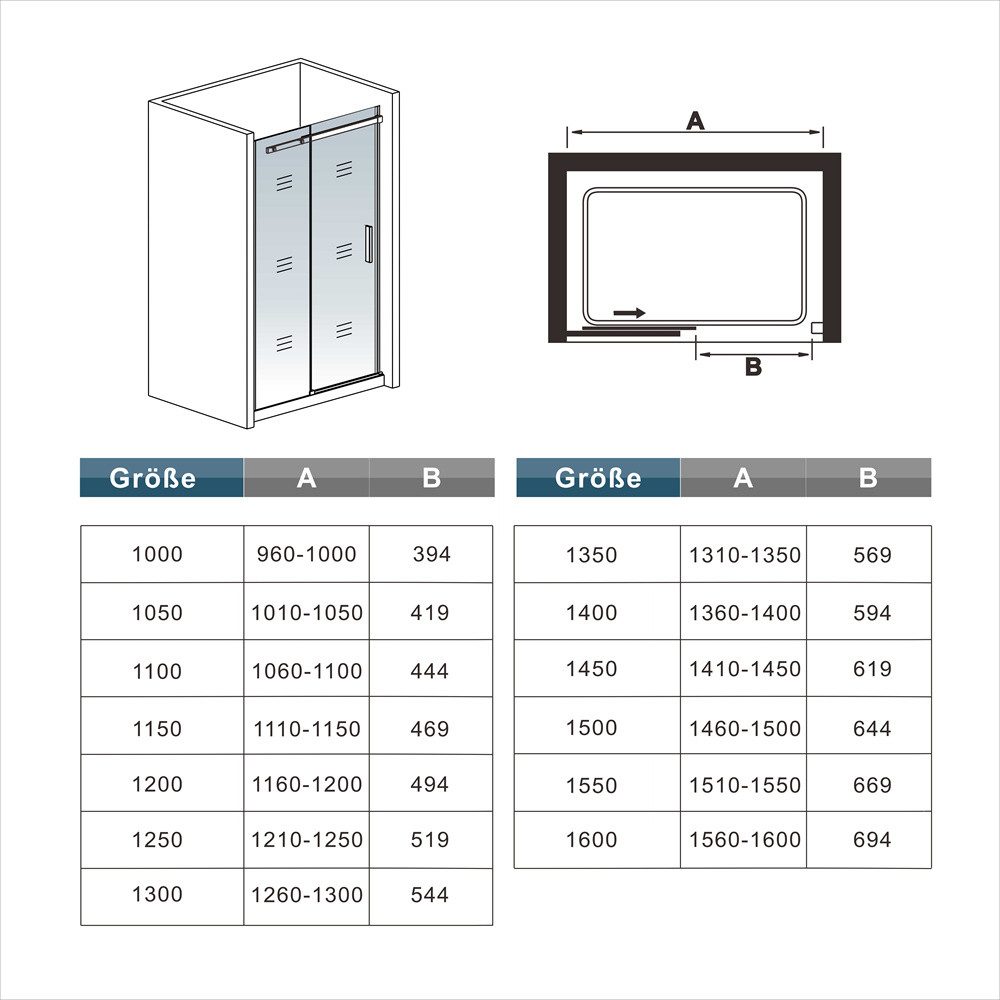 AICA Dusch-Einflügeltür 8mm Nano ESG Glas Schiebetür Duschtür Schiebetür Duschkabine, 100x195 cm, (Set) NanoGlas