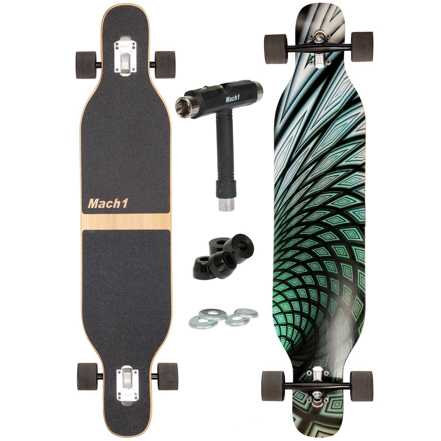 Mach1 Longboard aus Bambus mit Keramik Kugellager - Camber Drop Through Cruiser Board (Spar-Set inkl. T-Tool und extra Bushings, Longboard + T-Tool + 4er Set 85A Bushings), Twin Tip