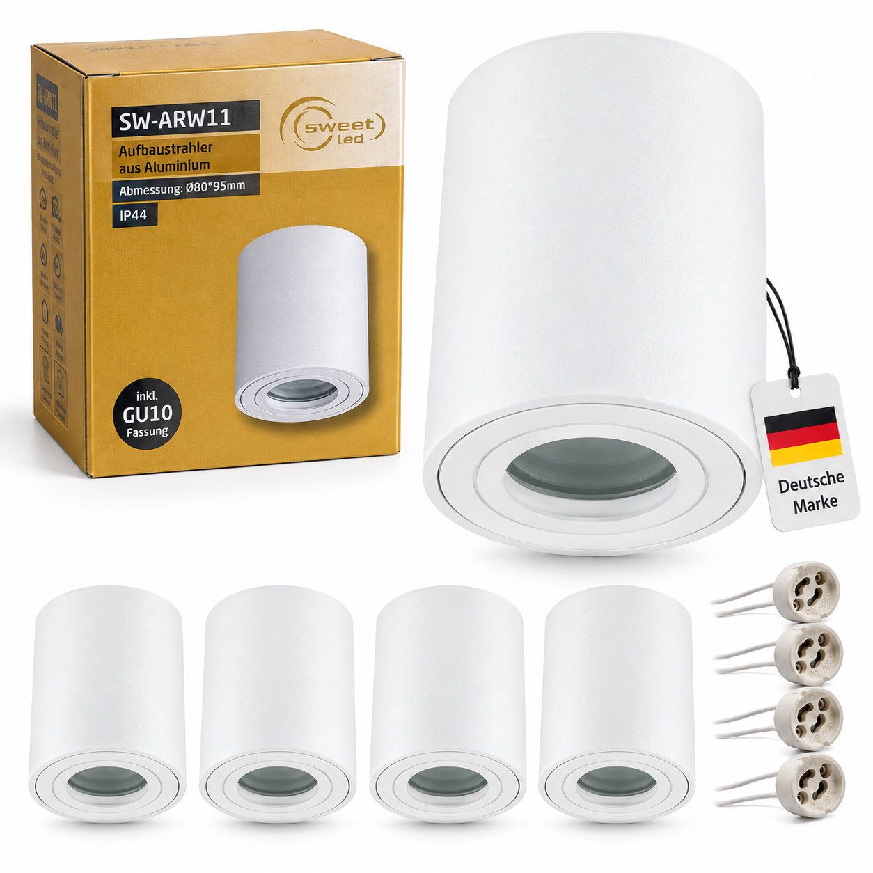 Sweet LED Aufbauleuchte 4 stück Bad GU10 Aluminium weiß spots IP44 badezimmer, ohne Leuchtmittel, Aufbaustrahler LED, Aufbauspot, Deckenstrahler