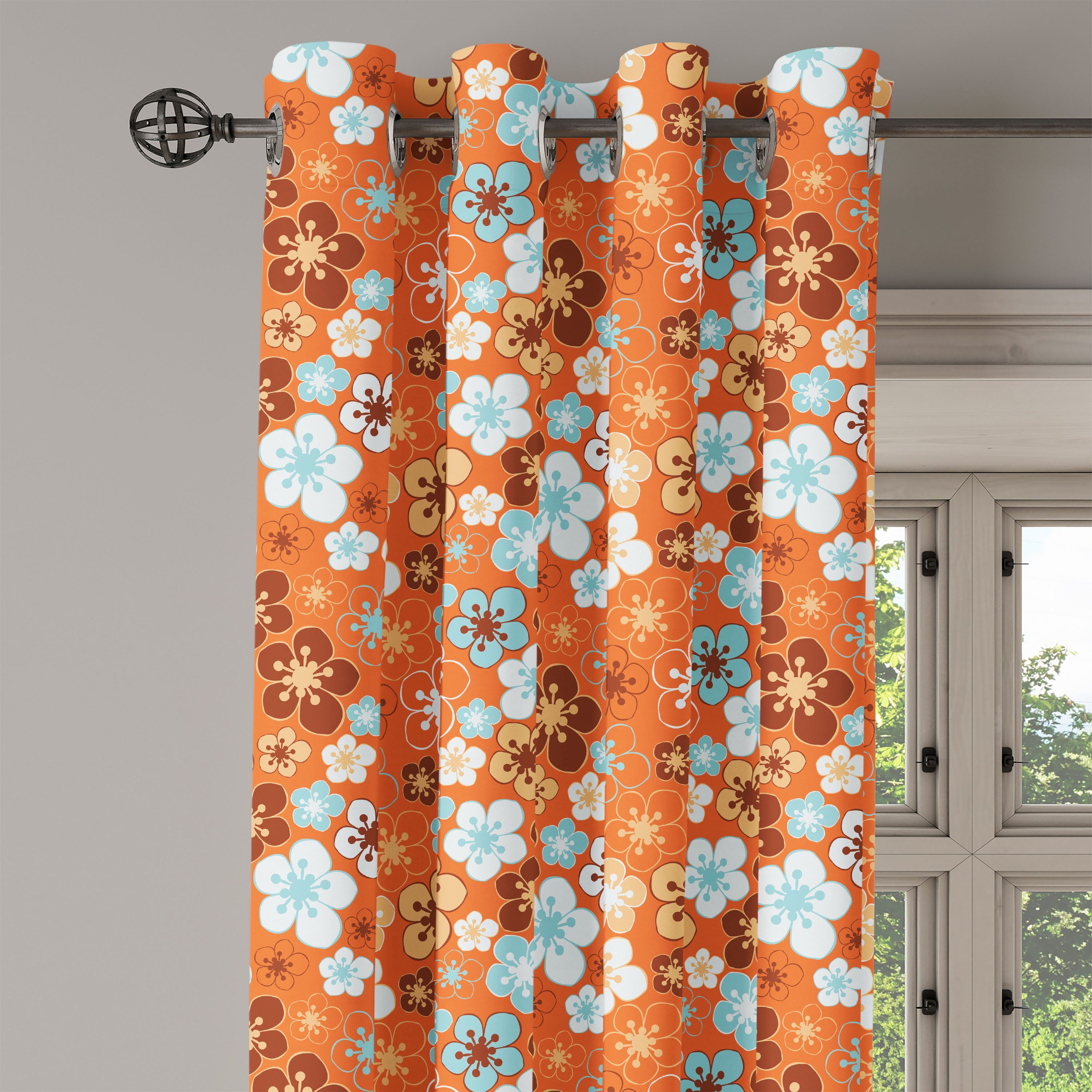 für Orange Dekorative Schlafzimmer Wohnzimmer, Doodle Flora 2-Panel-Fenstervorhänge Sommer Abakuhaus, Gardine