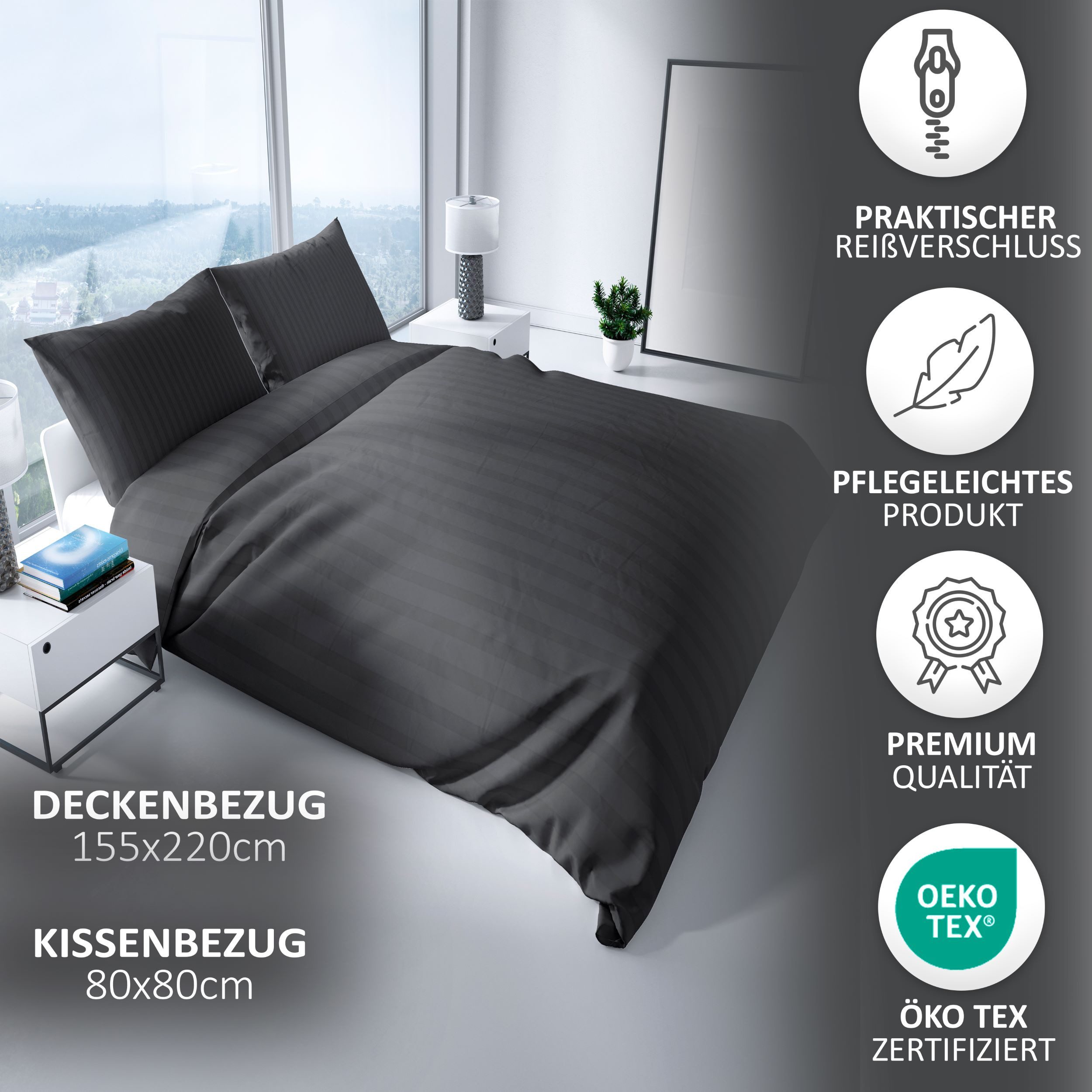 Leonado Vicenti Bettwäsche Luxuriöses Satin Set Damast, Satin, 4 teilig, elegantes Streifen Design, 100% Baumwolle, mit Reißverschluss – Bild 3 von 5