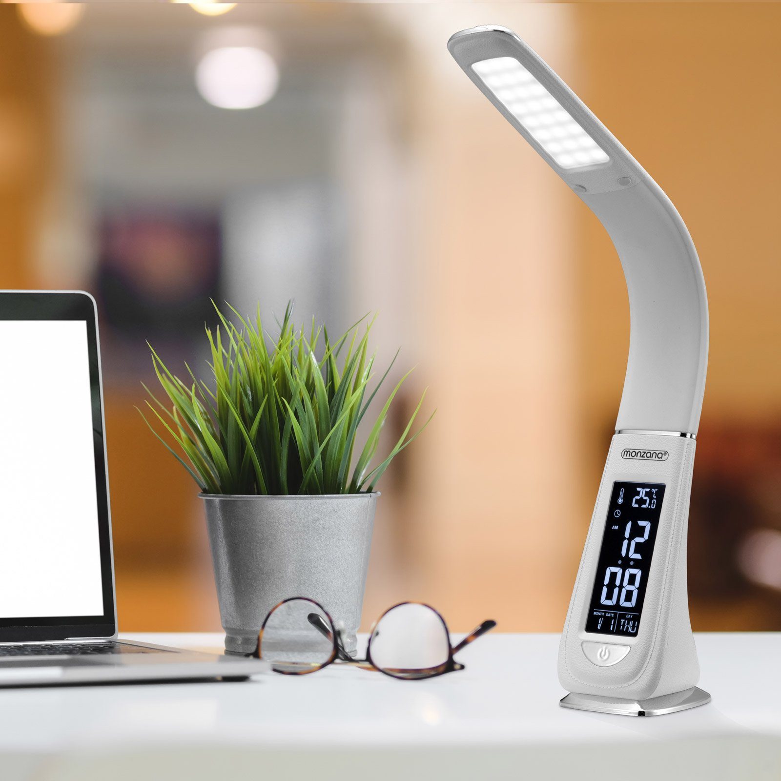 monzana Schreibtischlampe Lilly, LED Display Thermometer mit Uhr neutralweiß, Kalender Wecker LED, Weiß, Schreibtischlampe