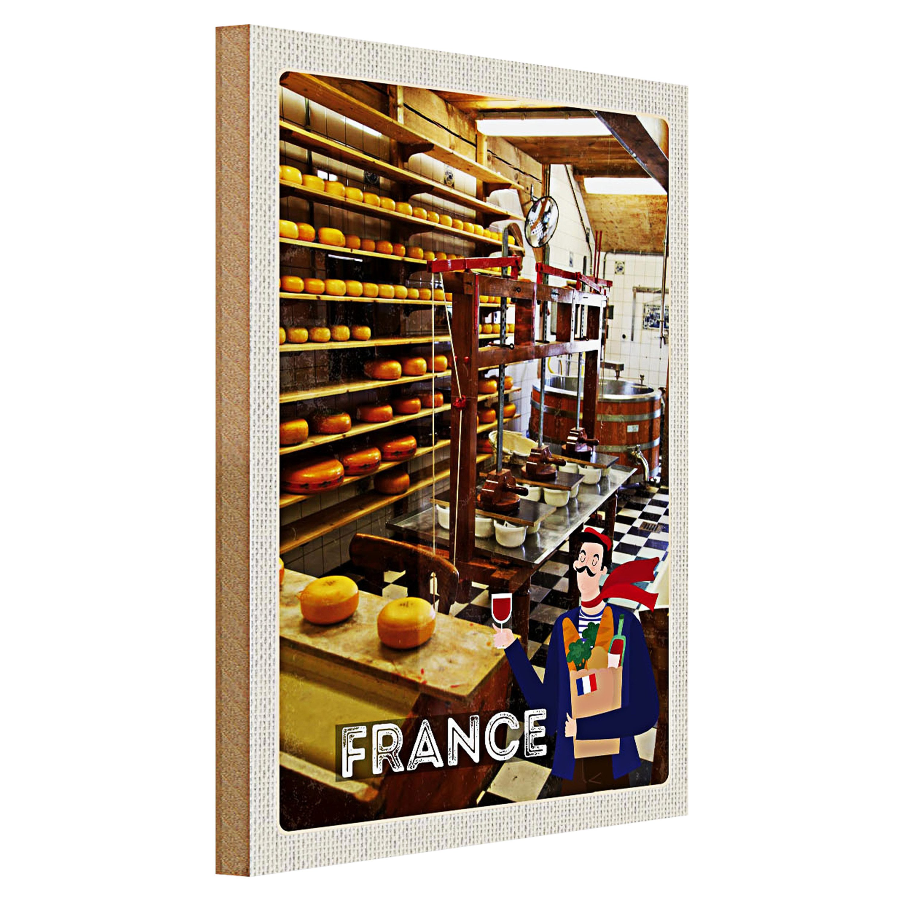 Roomando Holzbild Reise 30x40cm Frankreich Käsemaschine Produktion
