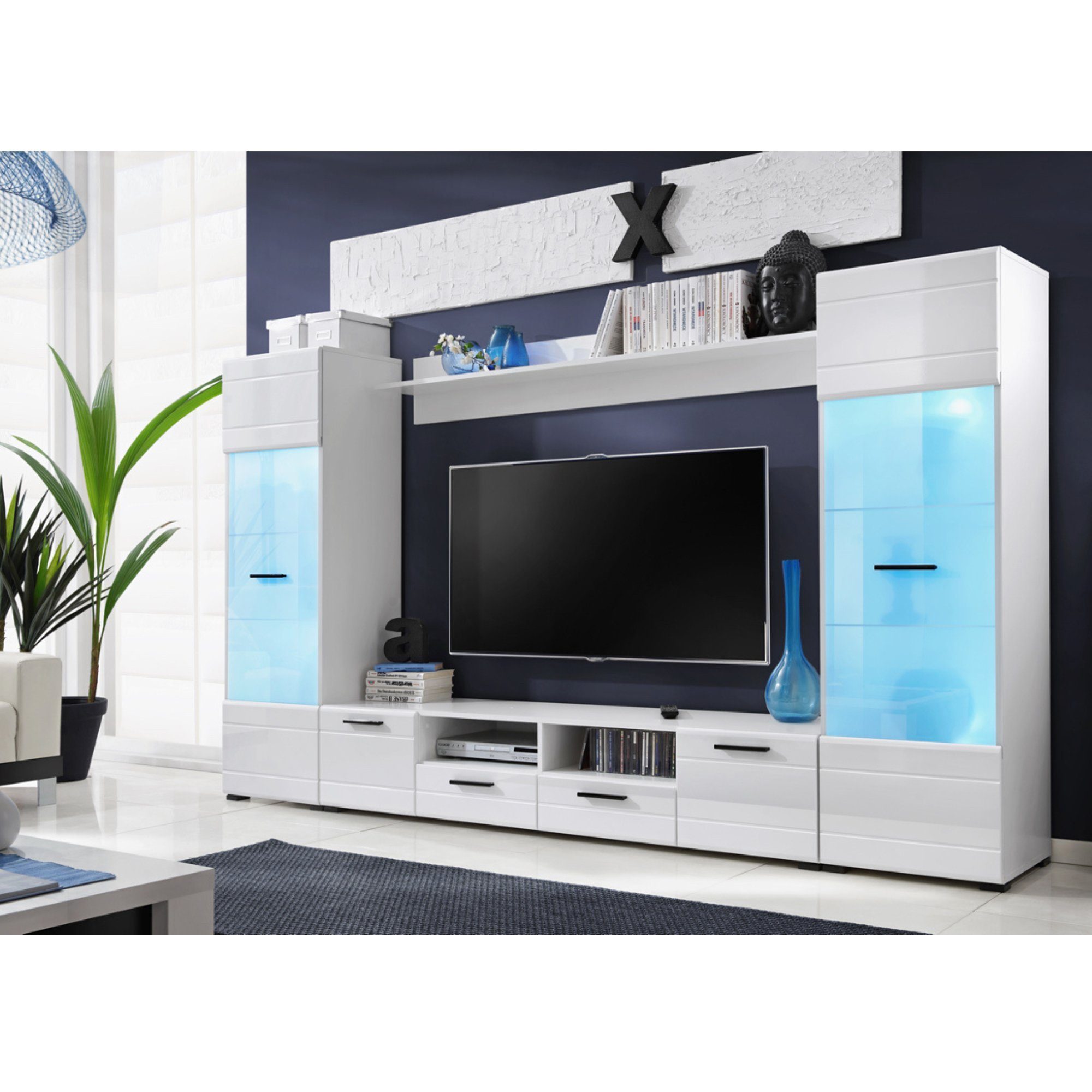 Furnica Wohnwand SWITCH TV-Schrank, 2 Vitrinen und 1 Regal Weiß matt/Weiß gloss | Wohnwände