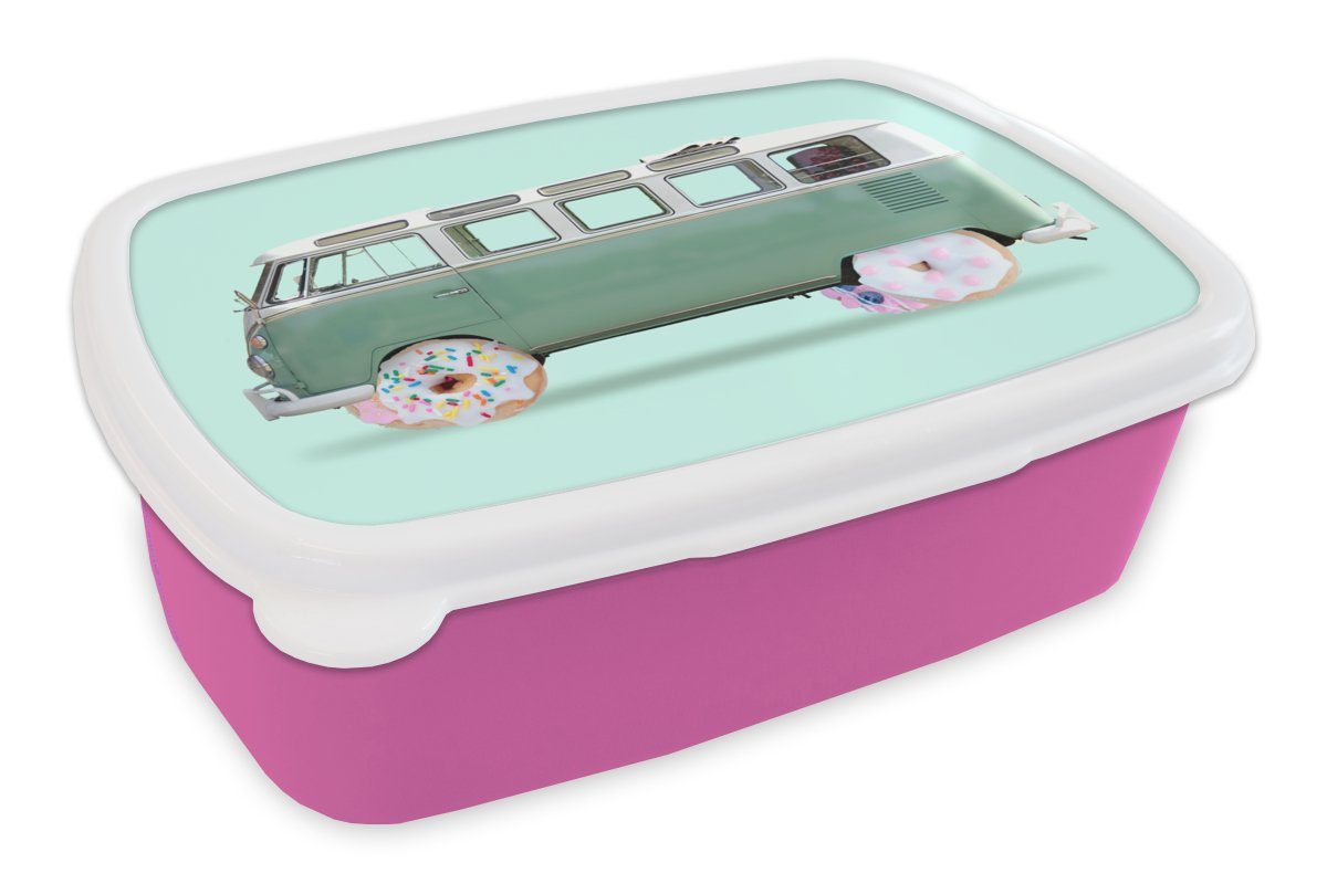 Kinder, Lunchbox Brotdose rosa Brotbox Mädchen, Kunststoff, Auto Donuts MuchoWow Kunststoff - (2-tlg), Lieferwagen - - Snackbox, für Erwachsene, Grün,