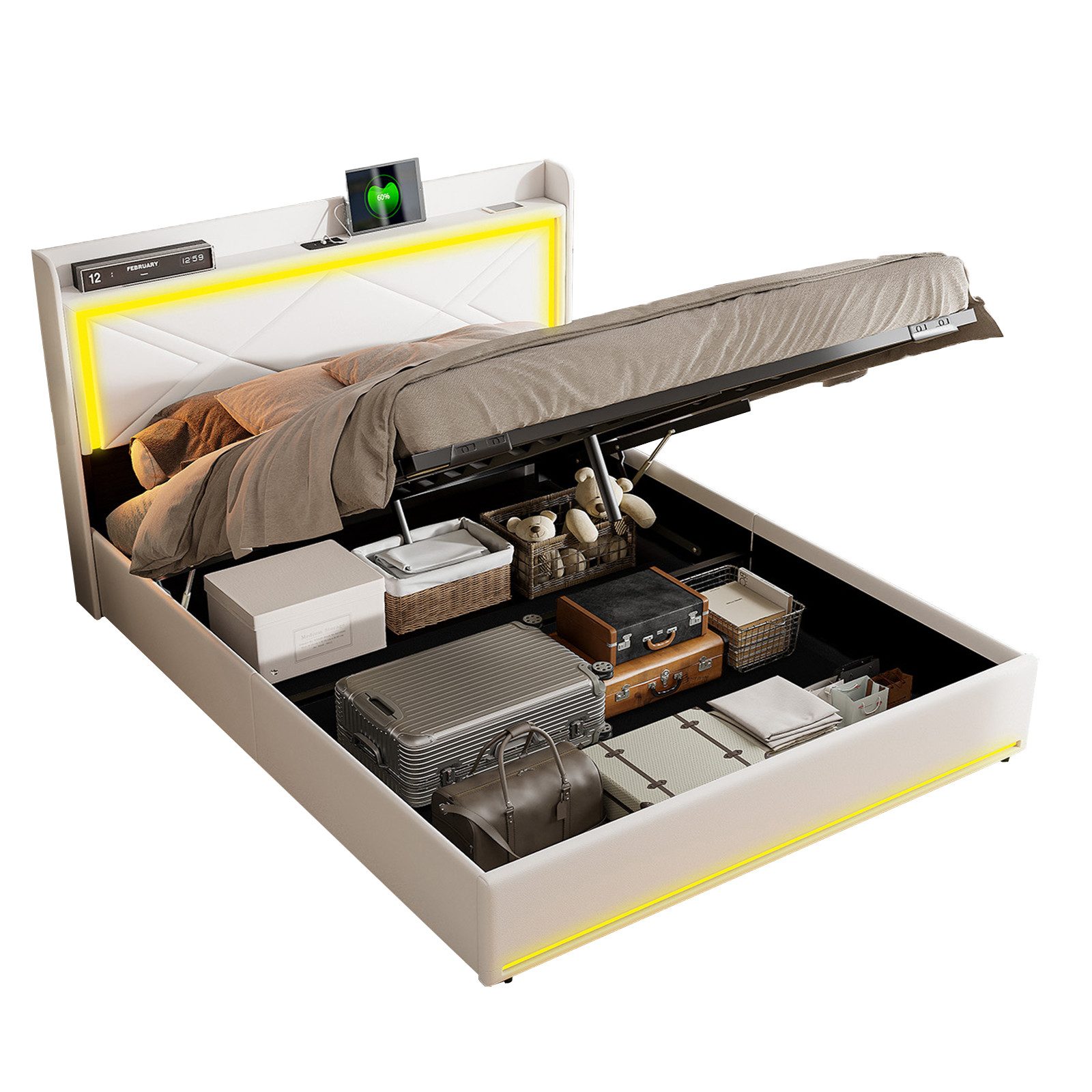 FUROKOY Polsterbett LED-Beleuchtung Kunstleder Hydraulisch Doppelbett günstig online kaufen