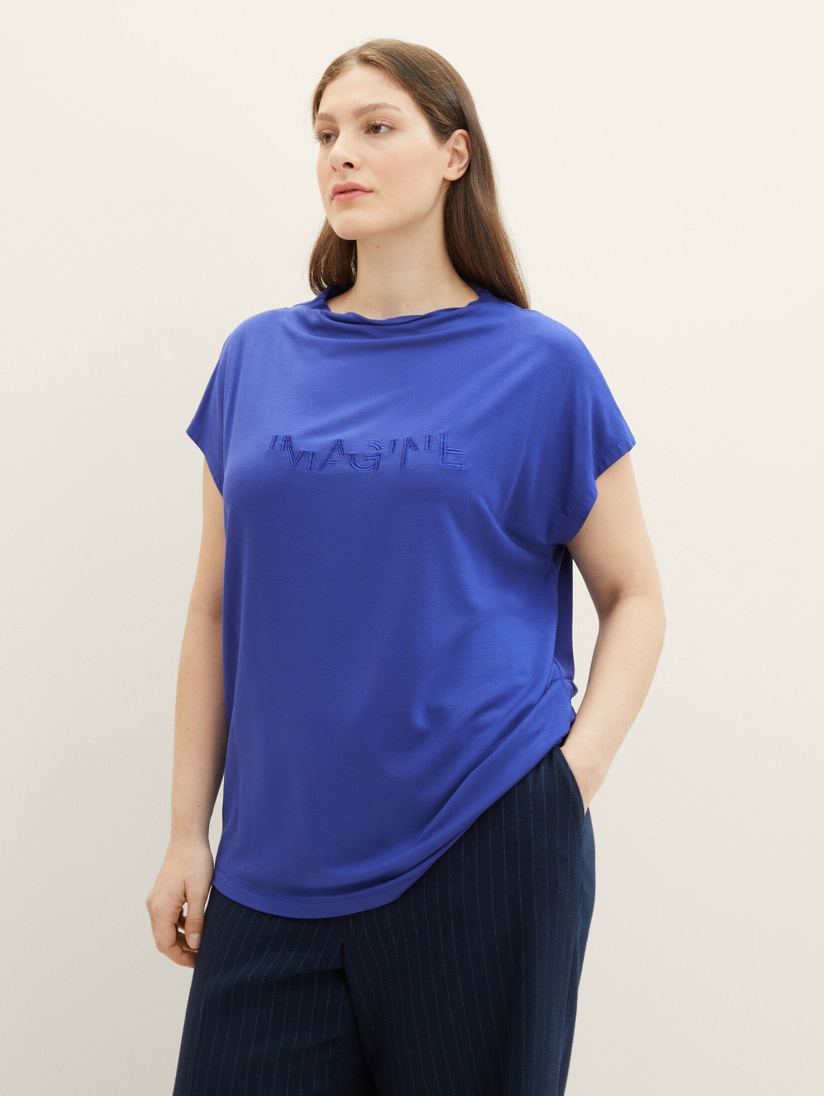 mit PLUS TOM T-Shirt crest T-Shirt TAILOR - Plus Stehkragen blue