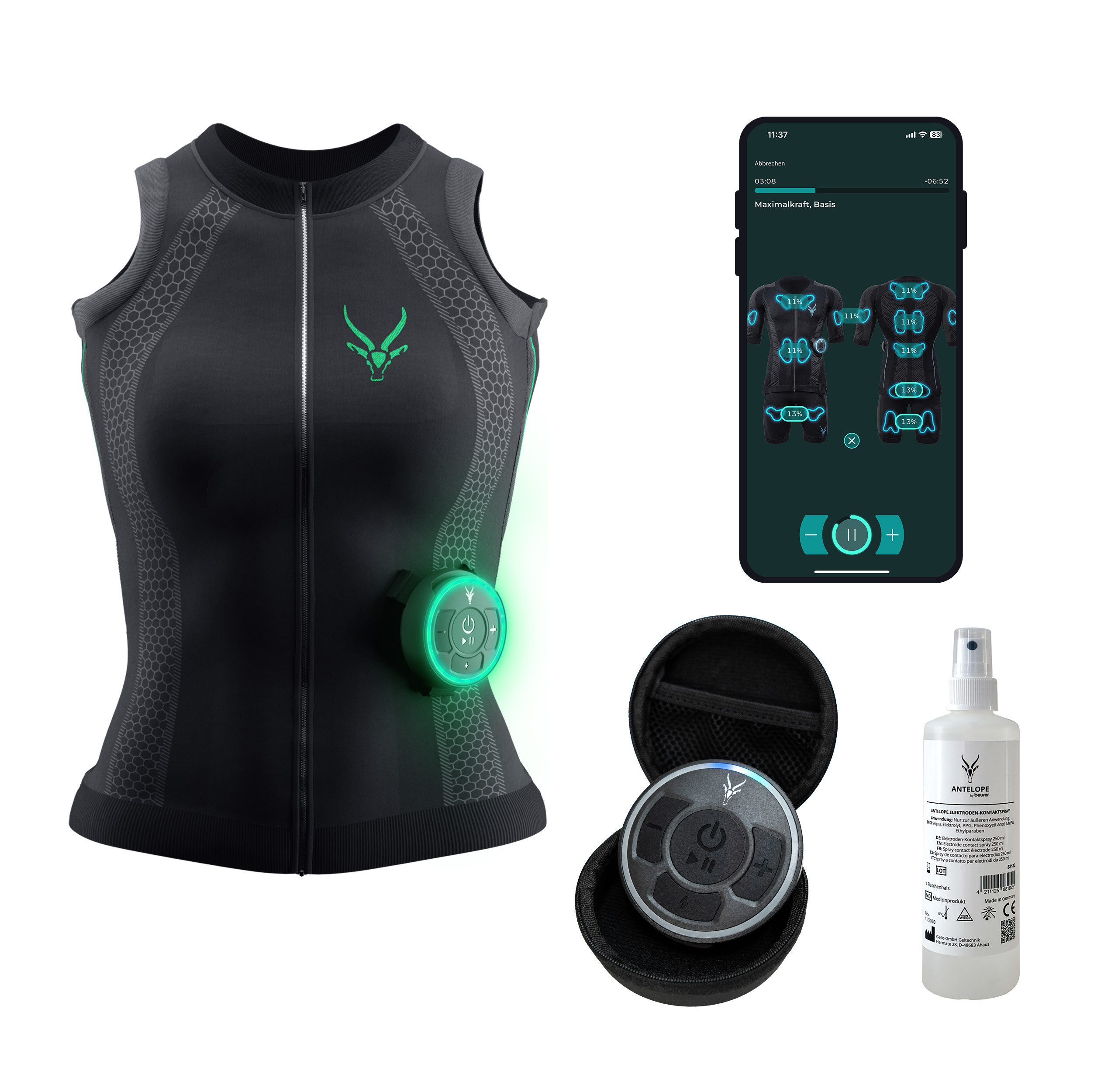 Antelope by Beurer EMS-Gerät Evolution EMS Tank Top für Frauen, EMS Rücken- und Bauchmuskeltrainer, (Set), XS-XL, Shirt + Short, 18 Elektroden, kostenlose App