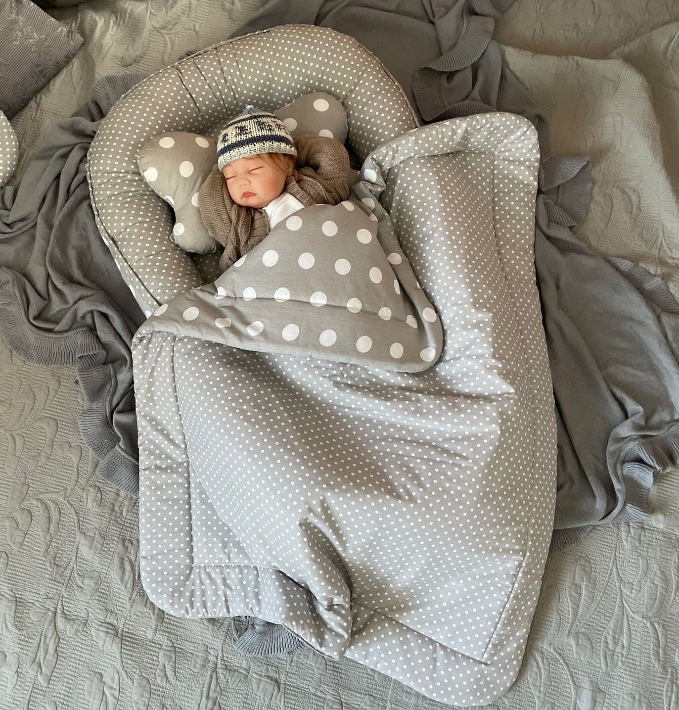 Bettnestchen Punkte/ Mini Pünktchen GRAU BAUMWOLLE Nestchen SETS
