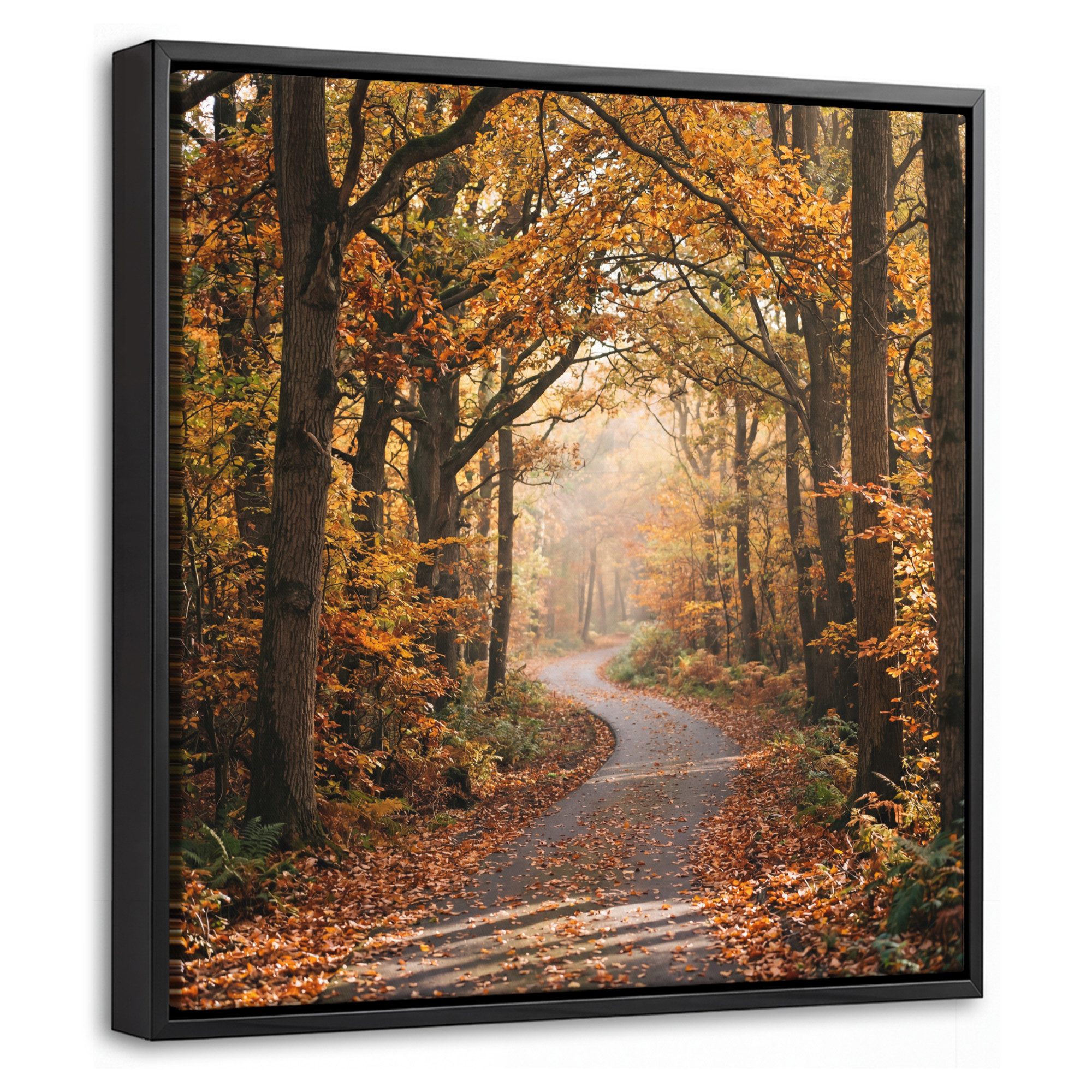 OneMillionCanvasses® Leinwandbild mit Rahmen - Waldweg - Herbstwald - Blätter - Orange - Nostalgisch, Fotodruck (1 St), Leinwand Bilder Klein, Wand Dekoration Aesthetic 20x20cm